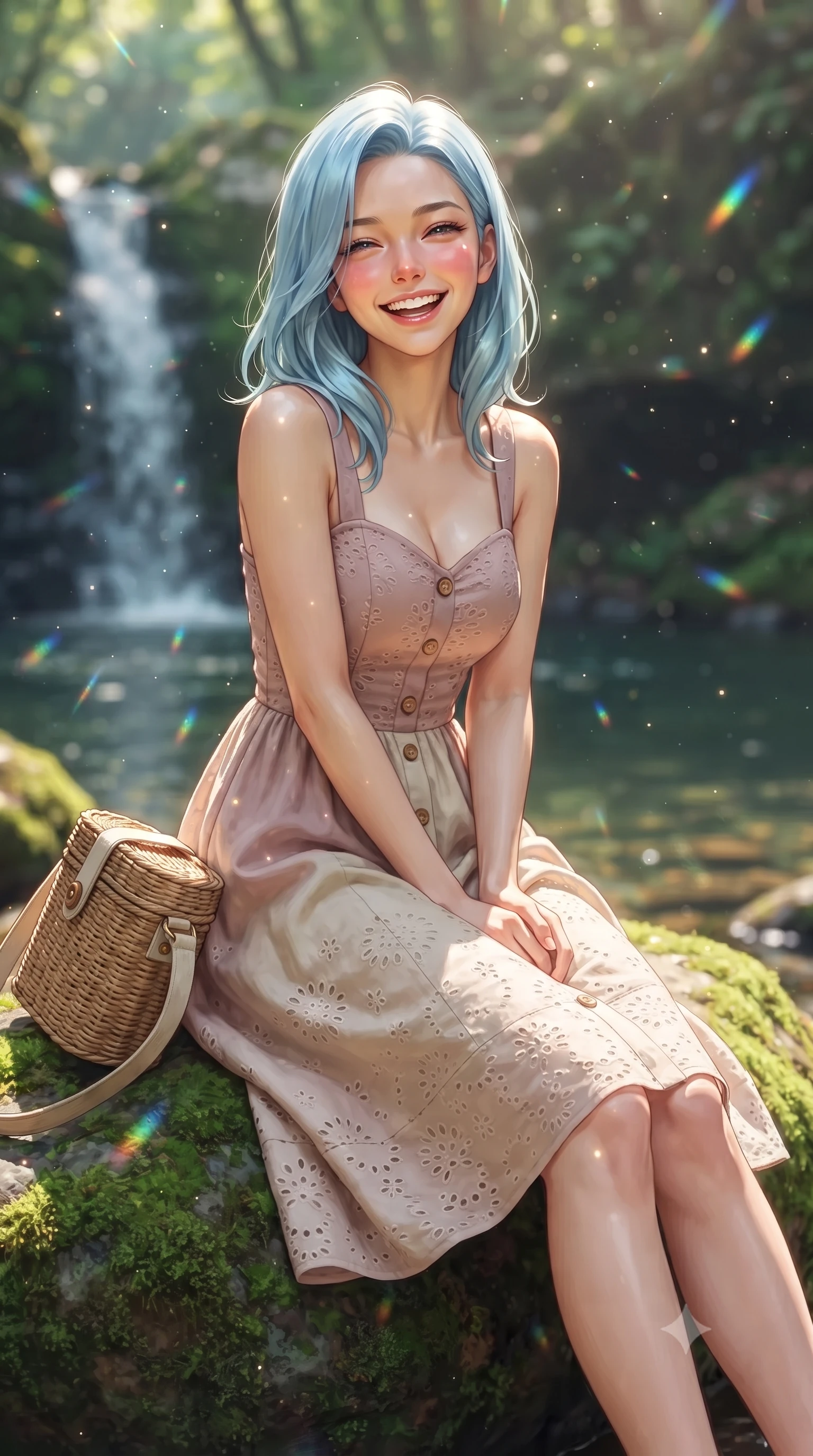 score_9, masterpiece, best quality, ultra-detailed, high-budget anime keyframe, editorial fashion photography, tasteful artistic composition, Korean woman. close-up cowboy shot from the waist and thighs up, the character dominates the composition, filling the frame with her large presence. laughing cheerfully with genuine delight, eyes crinkling sweetly as natural golden sunlight illuminates her glowing cheeks while resting gracefully on an emerald moss-covered boulder by a tranquil natural pool, smiling warmly at the viewer. The composition keeps background elements in soft focus with creamy bokeh. sparkling waterfall mist and floating forest moisture scattering shimmering rainbow light motes. She has an exceptionally elegant, slender, and willowy female figure with an ultra-slim waist, a gracefully sculpted slender torso, toned flat midriff, and a refined slim silhouette. sharp v-shaped jawline, high-bridge nose, intricate jewel-like eyes with depth, thick eyelashes, glossy lips with a natural sheen, pure and lovely fresh girlhood expression, flawlessly proportioned anatomical accuracy, strict slender model proportions, natural body alignment, perfectly sculpted long slender limbs, ultra-slim waistline, clean dynamic posture without body distortion. wearing an airy eyelet lace cotton midi dress with a sweetheart neckline and wooden front buttons in soft dusty rose and oatmeal beige, tailored from crisp organic cotton poplin, accessorized with a rustic woven wicker bag and canvas strap, the soft airy drape swaying gracefully with her dynamic movements, emphasizing her tall willowy build and slim waistline. surrounded by an enchanting, whimsical, and pure fairy-tale glen maiden aura. ultra-reflective glossy finish, specular highlights, rich natural textures, high-contrast stereoscopic depth, volumetric dynamic lighting, 2k, ultra detail, master piece, 9:16 ratio
