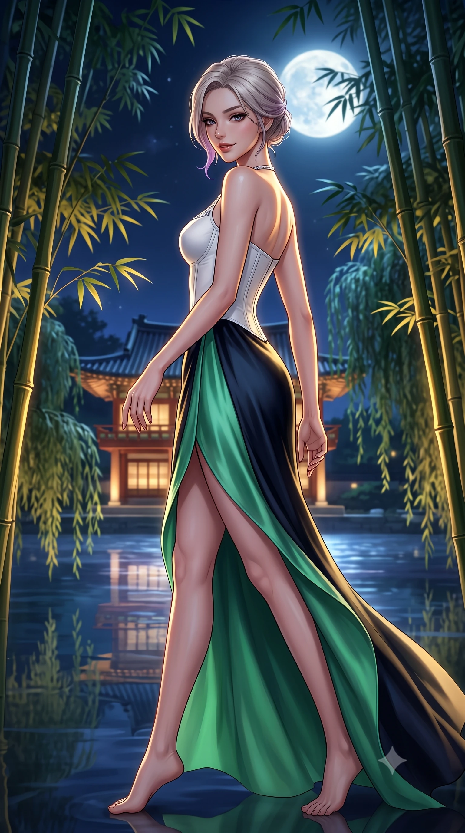 score_9, masterpiece, best quality, ultra-detailed, high-budget anime keyframe, semi-realistic 3D game render, editorial fashion photography, tasteful artistic composition, Caucasian woman. low angle full-body shot from head to toe showing her feet, filling the entire 9:16 vertical frame with her statuesque presence, stretching her vertical silhouette. walking slowly through the bamboo pathway, looking back over her shoulder with an air of effortless oriental grace and an alluring, smoldering smile while twisting her slender torso in an alluring S-curve, royal palace waters reflecting the illuminated two-story pavilion and her curvaceous silhouette. The background shows a soft-focus weeping willow branches trailing into the mirror-like water softened in royal Korean nocturnal shallow focus. She has an absolutely perfect, statuesque 8.5-heads proportion, an exceptionally tall and slender model-like female figure with impossibly long slender legs, an ultra-slim waist, a flat toned midriff, narrow delicate ribcage, and beautifully sculpted feminine hips creating a graceful, slim hourglass silhouette without any bulky heaviness. sharp v-shaped jawline, high-bridge nose, intricate jewel-like dark sparkling almond eyes with depth, thick lashes, glossy parted lips with a natural rose-plum sheen, bright alluring and coquettish smile with bedroom-eyes, exuding both timeless oriental elegance and sovereign high-fashion allure, flawlessly proportioned anatomical accuracy, strict slender model proportions, natural body alignment, perfectly sculpted long slender limbs, ultra-slim waistline, clean dynamic posture without body distortion. wearing a tailored white porcelain-inspired structured corset top paired with an asymmetric flowing silk maxi skirt with a high slit in deep midnight obsidian and luminous imperial jade green, tailored from smooth celadon raw silk with natural organic slub texture, finished with subtle crystal rhinestones tracing the elegant neckline, the high-waisted wrap tailoring accentuating her ultra-slim waistline and the enchanting curve of her feminine hips with alluring oriental charm. illuminated by full moon celestial rays and sharp warm-gold rim lights defining her sculpted collarbones, ultra-slim waist, and curvy hips. highly saturated vibrant anime colors, detailed shading with soft gradients, rich glossy textures, high-contrast stereoscopic depth, volumetric dynamic lighting, master piece, 9:16 ratio