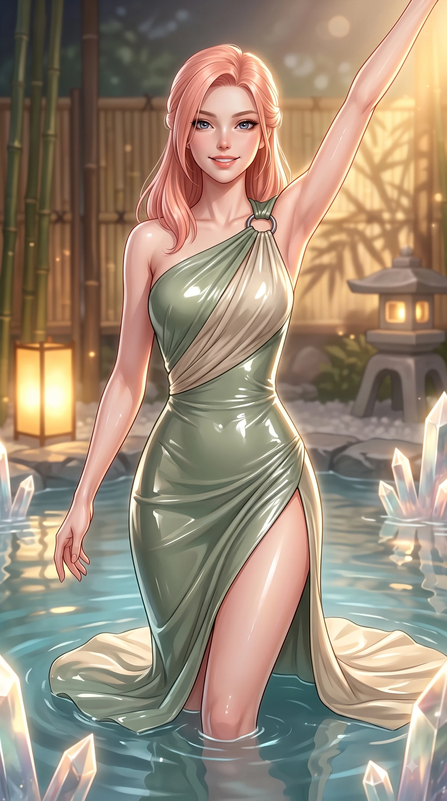 score_9, masterpiece, best quality, ultra-detailed, high-budget anime keyframe, editorial fashion photography, tasteful artistic composition, Japanese woman. close-up cowboy shot from the waist and thighs up, the character dominates the composition, filling the frame with her large presence, background elements kept in soft focus. Extending one arm in an elegant stretch toward the light while smiling with magnetic self-assurance while floating dynamically in a tranquil thermal pool as crystal spires reflect warm golden lantern light, bamboo partitions and stone lanterns casting peaceful organic stencil shadows. She has an exceptionally elegant, slender, and willowy female figure with an ultra-slim waist, a gracefully sculpted slender torso, and a refined silhouette. sharp v-shaped jawline, high-bridge nose, intricate jewel-like eyes with depth, thick eyelashes, glossy lips with a natural sheen, flawlessly proportioned anatomical accuracy, natural body alignment, perfectly sculpted elegant limbs, clean dynamic posture without body distortion. wearing an asymmetrical Grecian draped chiffon gown with a metallic shoulder ring in sage green and oatmeal, tailored from high-gloss patent leather, finished with a sleek side slit ascending to mid-thigh, the form-contouring material highlighting her ultra-slim waist and long lines. surrounded by a tranquil, spa-like aura with bright specular rim lights. ultra-reflective glossy finish, specular highlights, metallic sheen, high-contrast stereoscopic depth, volumetric dynamic lighting, 2k, ultra detail, master piece, 9:16 ratio
