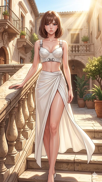 score_9, masterpiece, best quality, ultra-detailed, high-budget anime keyframe, editorial fashion photography, tasteful artistic composition, Caucasian woman, strictly human ears. cowboy shot from the thighs up, character and outfit filling the frame