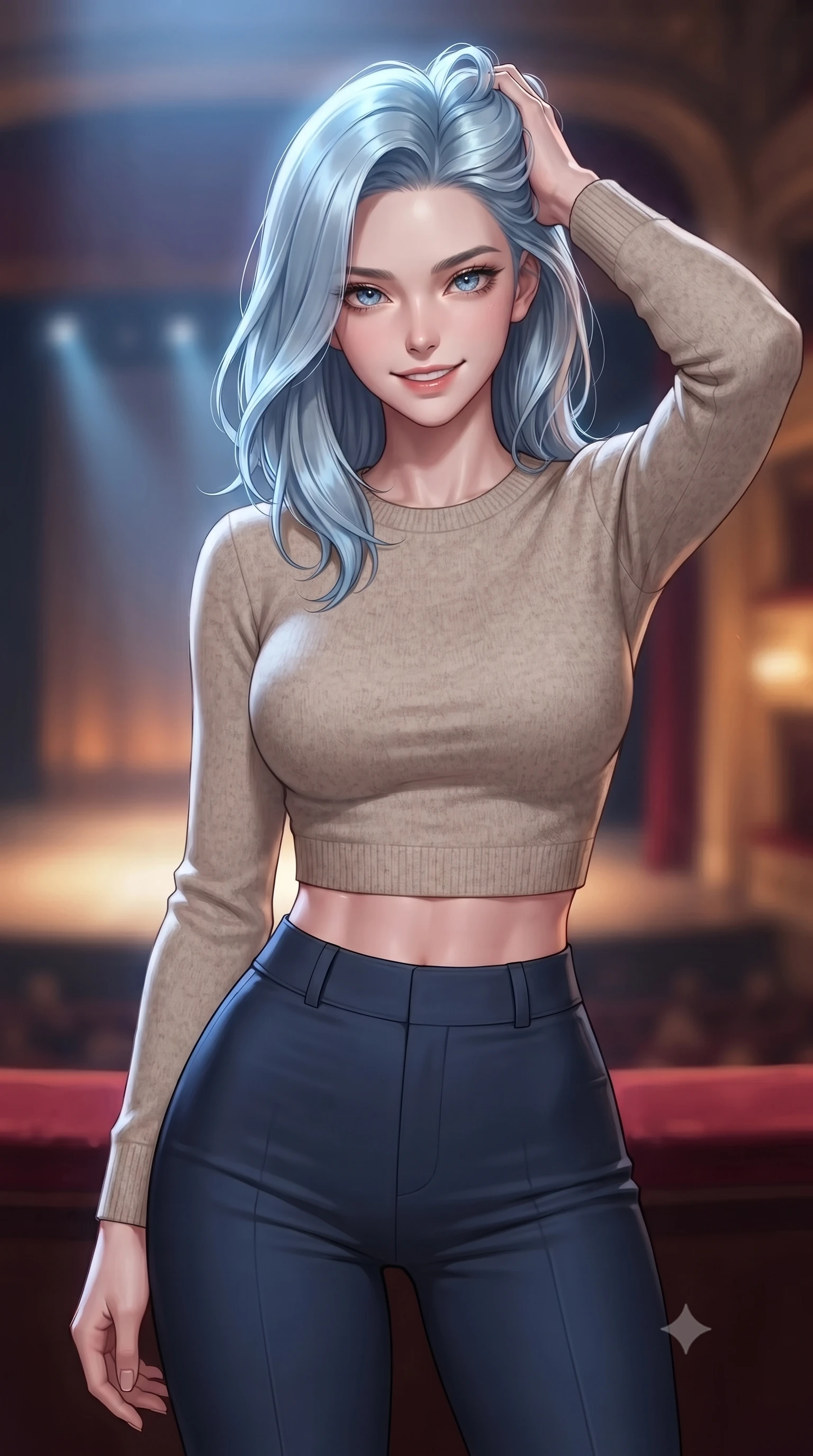 score_9, masterpiece, best quality, ultra-detailed, high-budget anime keyframe, editorial fashion photography, tasteful artistic composition, Korean woman. close-up cowboy shot from the waist and thighs up, the character dominates the composition, filling the frame with her large presence, background elements kept in soft focus. smiling with quiet, magnetic self-assurance directly into the camera, running a hand through her hair the background shows a soft-focus a quiet opera box seat during a performance, with the stage glow in the background. She has an exceptionally elegant, slender, and willowy female figure with an ultra-slim waist, a gracefully sculpted slender torso, and a refined silhouette. sharp v-shaped jawline, high-bridge nose, intricate jewel-like eyes with depth, thick eyelashes, glossy lips with a natural sheen. wearing a slim-fit tight-fitting crop sweater in oatmeal wool, paired with high-waisted form-fitting pants. cool stage lighting contrasting with the warm amber glow of the private box. ultra-reflective glossy finish, specular highlights, metallic sheen, high-contrast stereoscopic depth, volumetric dynamic lighting, 2k, ultra detail, master piece, 9:16 ratio