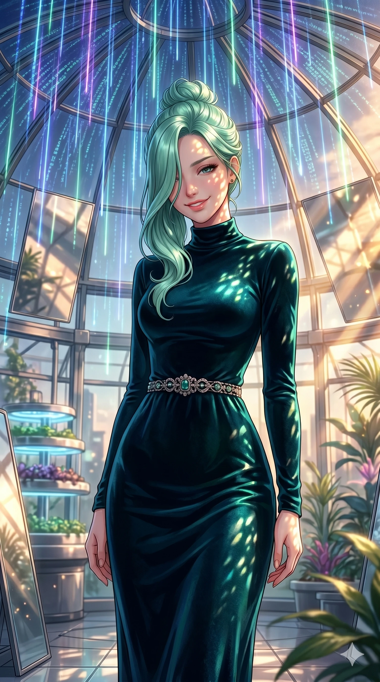 score_9, masterpiece, best quality, ultra-detailed, high-budget anime keyframe, editorial fashion photography, tasteful artistic composition, Japanese woman. cowboy shot from the thighs up, character and outfit filling the frame for maximum editorial presence. tilting her head with a playful, teasing smile, letting a lock of hair fall over her eyes inside a futuristic glass greenhouse under a dome of falling neon rain (Code-P18-061). She has an absolutely perfect 8-heads proportion, an exceptionally tall and slender female figure with impossibly long slender legs and an ultra-slim waist. V-shaped jawline, high-bridge nose, intricate jewel-like eyes with depth, thick eyelashes, glossy lips with a natural sheen. wearing a long-sleeved high-neck velvet dress with belt. warm golden afternoon sunbeams reflecting off the mirrors, casting bright light patterns. 2k, ultra detail, master piece, 9:16 ratio
