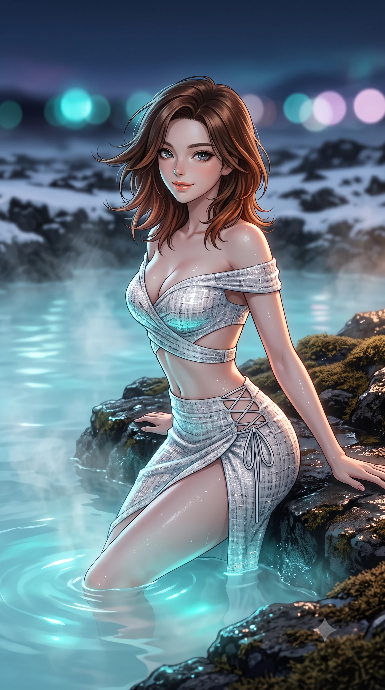 score_9, masterpiece, best quality, ultra-detailed, high-budget anime keyframe, editorial fashion photography, tasteful artistic composition, Korean woman. close-up cowboy shot from the waist and thighs up, the character dominates the composition, filling the frame with her large presence. turning slowly with an enchanting smoldering smile, her glossy hair tossing in the breeze as her hips angle gracefully in a captivating contrapposto while lounging in the warm geothermal water propped on the mossy lava rim with legs extended, her statuesque 8.5-heads silhouette commanding the sanctuary. The background shows a soft-focus steaming milky-cyan geothermal lagoon waters, snow-dusted black lava fields, and midnight twilight skies blurred into turquoise, obsidian, and pastel lilac bokeh. She has an exceptionally elegant, slender, and willowy female figure with an ultra-slim waist, flat toned midriff, narrow ribcage, and sculpted feminine hips creating an alluring, slim hourglass silhouette without bulk. sharp v-shaped jawline, high-bridge nose, intricate jewel-like sparkling eyes with depth, thick eyelashes, glossy parted lips with a natural peach sheen, bright cheerful beaming smile with an enchanting and coquettish sensual glint, exuding both youthful cute charm and seductive allure, flawlessly proportioned anatomical accuracy, strict slender model proportions, natural body alignment, perfectly sculpted long slender limbs, ultra-slim waistline, clean dynamic posture without body distortion. wearing an alluring plunge-front off-the-shoulder crop top with asymmetrical side-torso cutouts and a high-slit wrap skirt in pure translucent crystal white and liquid platinum, woven from structured British tweed with subtle metallic flecks, featuring fine criss-cross lace-up side ties revealing tantalizing glimpses of her hip curve, the glove-like clinging cut tightly following the natural contour of her hips and long slender legs with youthful 8.5-heads elegance. bathed in underwater pool turquoise-cyan LEDs combined with soft warm 2700K interior cove lighting through glass. ultra-reflective glossy finish, specular highlights, rich textural contrasts, high-contrast stereoscopic depth, volumetric dynamic lighting, 2k, ultra detail, master piece, 9:16 ratio