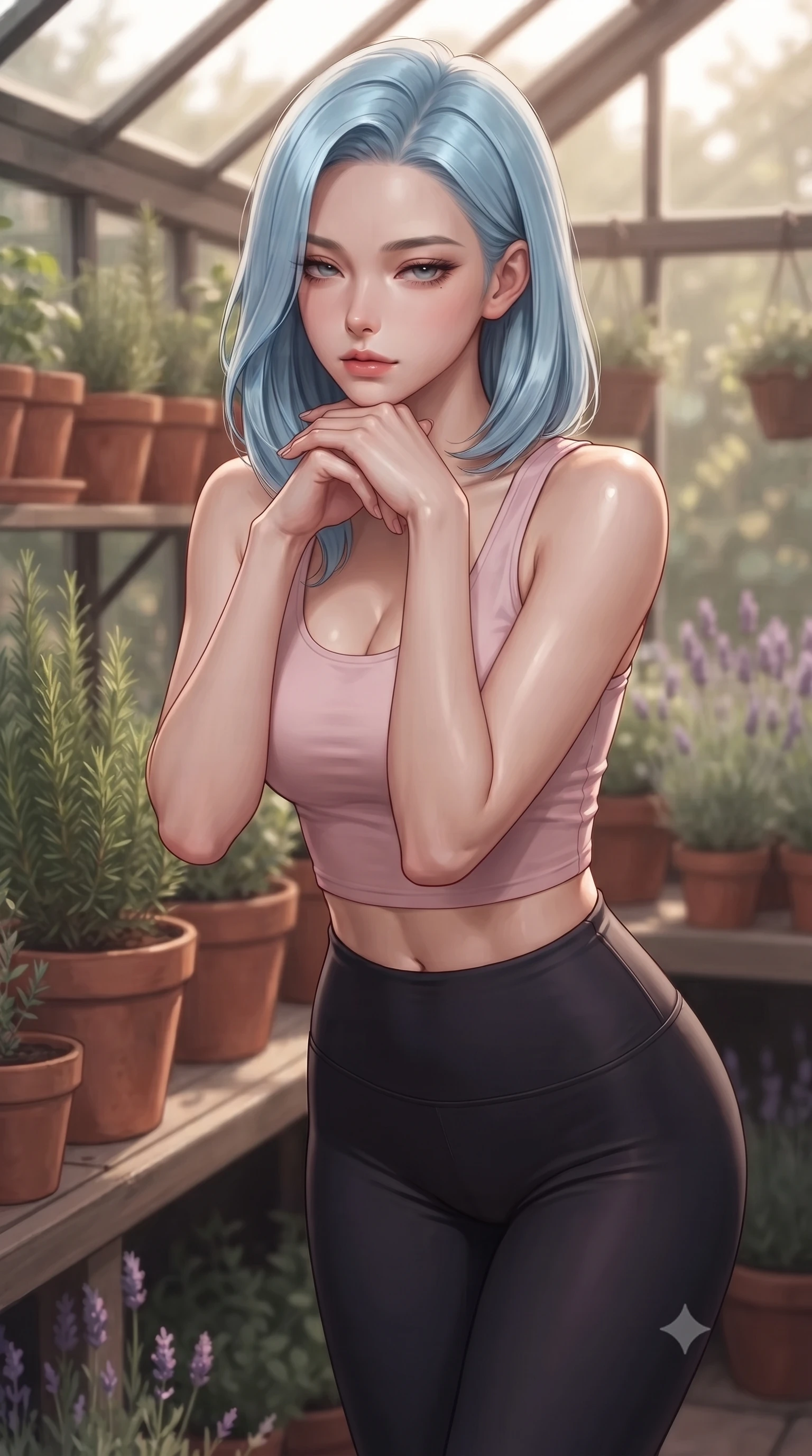 score_9, masterpiece, best quality, ultra-detailed, high-budget anime keyframe, editorial fashion photography, tasteful artistic composition, Korean woman woman. close-up cowboy shot from the waist and thighs up, the character dominates the composition, filling the frame with her large presence, background elements kept in soft focus. resting her chin on the backs of her fingers, casting a heavy-lidded, sultry look past the camera the background shows a soft-focus a cozy garden greenhouse, surrounded by terracotta pots, rosemary, and lavender. She has an exceptionally elegant, slender, and willowy female figure with an ultra-slim waist, a gracefully sculpted slender torso, and a refined silhouette. sharp v-shaped jawline, high-bridge nose, intricate jewel-like eyes with depth, thick eyelashes, glossy lips with a natural sheen. wearing a tailored body-hugging light pink crop tank top paired with high-waisted tight-fitting leggings. warm, diffused daylight creating a quiet and productive mood. ultra-reflective glossy finish, specular highlights, metallic sheen, high-contrast stereoscopic depth, volumetric dynamic lighting, 2k, ultra detail, master piece, 9:16 ratio