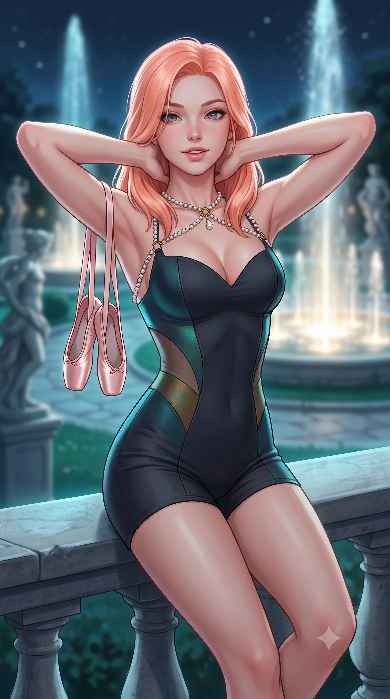 score_9, masterpiece, best quality, ultra-detailed, high-budget anime keyframe, semi-realistic 3D game render, editorial fashion photography, tasteful artistic composition, Japanese woman. close-up cowboy shot from the waist and thighs up, the character dominates the composition, filling the frame with her large presence. resting both hands lightly behind her neck with elbows raised, arching her spine to highlight her narrow waist, flat midriff, and breathtaking collarbones while lounging on the stone balustrade with one knee bent, holding her satin ballet shoes with an enchanting, parted-lip smile. The background shows a soft-focus illuminated palace fountains spraying into the midnight air and classical garden sculptures blurred into turquoise, silver, and charcoal bokeh. She has an exceptionally elegant, slender, and willowy female figure with an ultra-slim waist, flat toned midriff, narrow ribcage, and sculpted feminine hips creating an alluring, slim hourglass silhouette without bulk. sharp v-shaped jawline, high-bridge nose, sparkling eyes with hypnotic seductive depth, thick curled eyelashes, glossy parted lips with a natural dewy peach sheen, alluring bedroom-eyes with an enchanting coquettish smile, exuding magnetic siren charisma and sophisticated glamour, flawlessly proportioned anatomical accuracy, strict slender model proportions, natural body alignment, perfectly sculpted long slender limbs, ultra-slim waistline, clean dynamic posture without body distortion. wearing a deep sweetheart-neckline matte-carbon bodycon romper with sheer side-torso cutouts accentuating her hourglass curves in iridescent peacock teal and burnished antique brass, crafted from second-skin technical compression fabric with moisture-wicking stretch, accented with a pearl-drop body harness subtly framing her dewy collarbones and spine, the glove-like clinging cut tightly following the natural contour of her hips and long slender legs with youthful 8.5-heads elegance. bathed in cool celestial moonlight streaming across the palace plaza paired with warm fountain spotlight fill. highly saturated vibrant anime colors, detailed shading with soft gradients, rich glossy textures, high-contrast stereoscopic depth, volumetric dynamic lighting, master piece, 9:16 ratio
