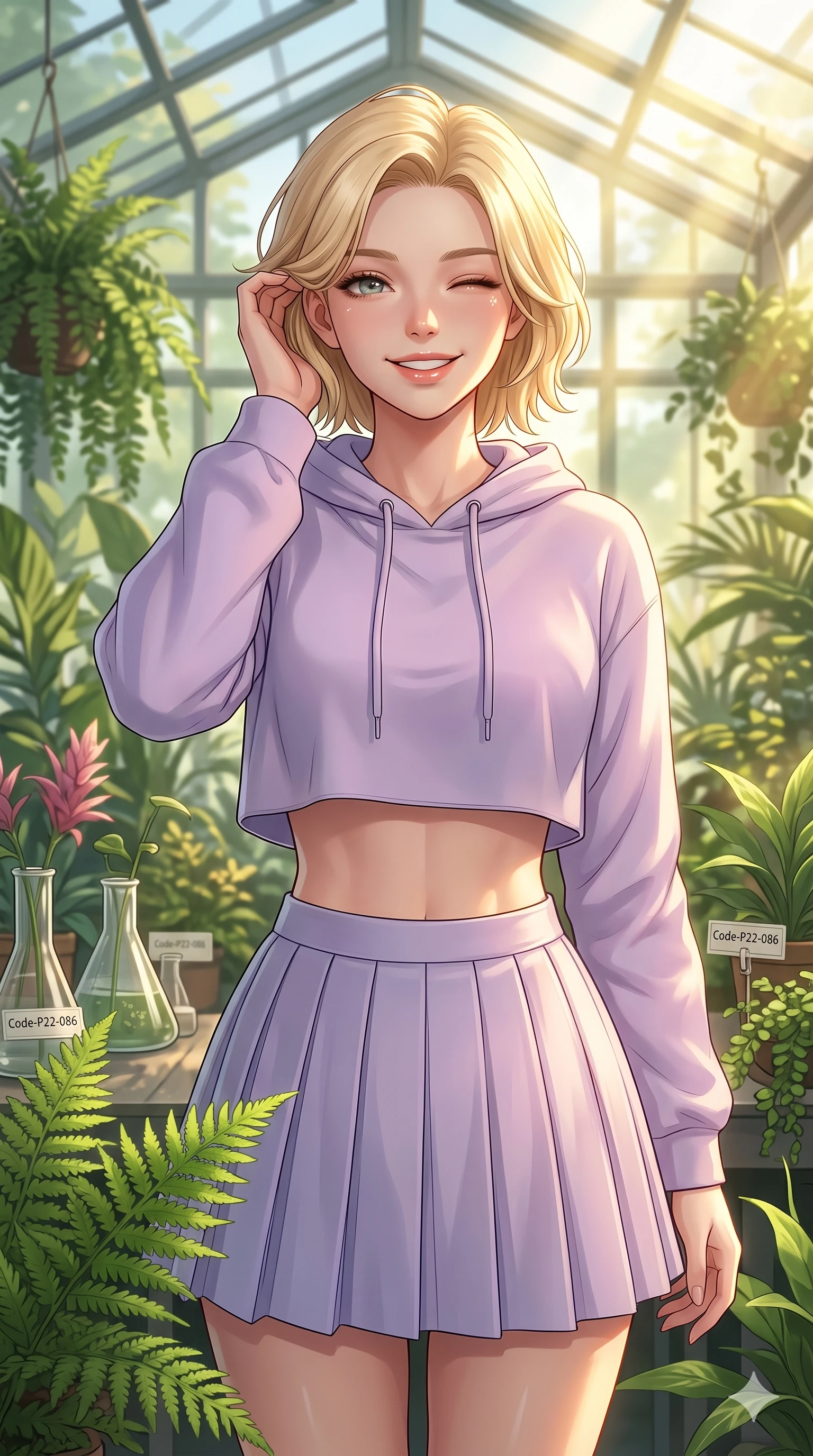 score_9, masterpiece, best quality, ultra-detailed, high-budget anime keyframe, vibrant anime aesthetic, Caucasian woman, strictly human ears. close-up cowboy shot from the waist and thighs up, the character dominates the composition, filling the frame with her large presence, background elements kept in soft focus. She is smiling delightfully while tucking a lock of hair behind her ear, gazing at the camera with sparkling eyes standing amidst vibrant green ferns. inside a sunny greenhouse laboratory filled with rare botanical specimens and golden volumetric sunbeams (Code-P22-086). She has an absolutely perfect proportion, an exceptionally elegant and slender female figure with an ultra-slim waist. V-shaped jawline, high-bridge nose, intricate jewel-like eyes with depth, thick eyelashes, glossy lips with a natural sheen. wearing a cropped hoodie paired with a high-waisted pleated tennis skirt in pastel lavender. She is bathed in soft, glowing golden hour sun casting long, elegant shadows, highlighting her winking face and glossy lips inside the glass pavilion. 2k, ultra detail, master piece, 9:16 ratio