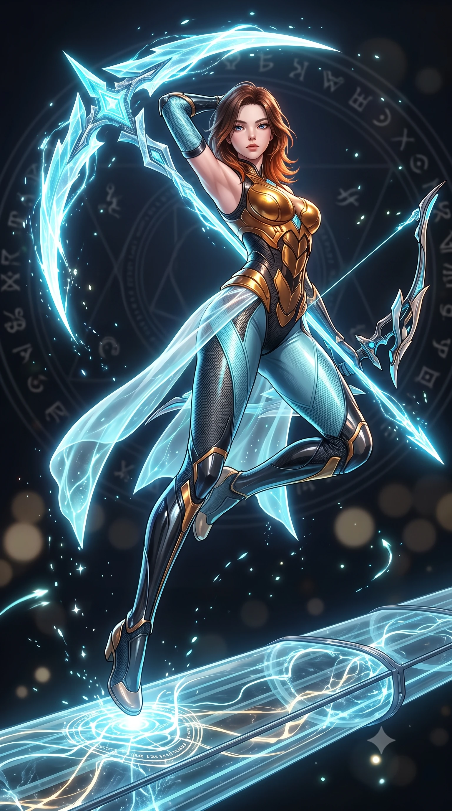 score_9, masterpiece, best quality, ultra-detailed, high-budget anime keyframe, semi-realistic 3D game render, editorial fashion photography, tasteful artistic composition, Korean woman. low angle full-body shot from head to toe showing her feet, filling the entire 9:16 vertical frame with her statuesque presence, stretching her vertical silhouette. arching her back gracefully in mid-air during a dynamic combat vault, her weapon energy trail framing her statuesque presence while stepping along a glowing glass conduit bridge with energy bow held at her side, gazing forward with divine focus. The composition keeps background elements in soft focus with creamy bokeh. sparkling photon arrow particles scattering soft glowing light motes across a dark technological backdrop. She has an absolutely perfect, statuesque 8.5-heads proportion, an exceptionally tall and slender model-like female figure with impossibly long slender legs, a toned flat midriff, and an ultra-slim waist. sharp v-shaped jawline, high-bridge nose, intricate jewel-like eyes with depth, thick eyelashes, glossy lips with a natural sheen, flawlessly proportioned anatomical accuracy, strict slender model proportions, natural body alignment, perfectly sculpted long slender limbs, ultra-slim waistline, clean dynamic posture without body distortion. wearing a sculpted molten-gold and dark carbon cuirass paired with high-mobility combat leggings and sheer side drapes, wielding a glowing plasma energy scythe with fluid grace in glacial ice-cyan carbon mesh with pure white armor plates, formed from high-gloss patent carbon-plating with specular chiaroscuro reflections, finished with high-mobility articulation joints and miniature magnetic armor locks, the liquid-tight tailored fabric emphasizing every curve of her tall, slender model proportions and sculptured silhouette during dynamic movement. surrounded by a sacred, mystical, and breathtakingly powerful high-tech archer goddess atmosphere. rich saturated anime colors with glowing neon highlights, detailed shading with soft gradients, rich glossy textures, high-contrast stereoscopic depth, volumetric dynamic lighting, master piece, 9:16 ratio