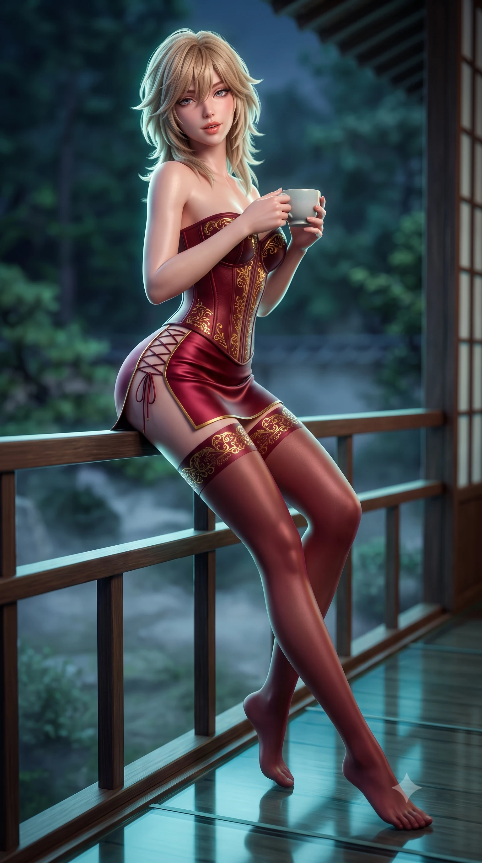 score_9, masterpiece, best quality, ultra-detailed, high-budget anime keyframe, semi-realistic 3D game render, editorial fashion photography, tasteful artistic composition, Japanese woman. low angle full-body shot from head to toe showing her feet, filling the entire 9:16 vertical frame with her statuesque presence, stretching her vertical silhouette. leaning deep against the balcony balustrade with hips cocked back in an unapologetically alluring high-fashion stance, casting an intoxicating glance while sitting gracefully on the cedar walkway threshold with legs extended, holding a modern ceramic tea cup with an alluring, parted-lip smile. The background shows a soft-focus swirling night mist on forest floor softened in mystical Japanese garden shallow focus. She has an absolutely perfect, statuesque 8.5-heads proportion, an exceptionally tall and slender model-like female figure with impossibly long slender legs, an ultra-slim waist, a flat toned midriff, narrow delicate ribcage, and beautifully sculpted feminine hips creating a graceful, slim hourglass silhouette without any bulky heaviness. sharp v-shaped jawline, high-bridge nose, sparkling eyes with hypnotic seductive depth, thick curled eyelashes, glossy parted lips with a natural dewy peach sheen, alluring bedroom-eyes with an enchanting coquettish smile, exuding magnetic siren charisma and sophisticated glamour, flawlessly proportioned anatomical accuracy, strict slender model proportions, natural body alignment, perfectly sculpted long slender limbs, ultra-slim waistline, clean dynamic posture without body distortion. wearing a structured boned leatherette corset bodice paired with an ultra-short micro-wrap mini skirt and sheer thigh-high stockings in Belle Époque bordeaux and gilded 24k gold, crafted from fluid liquid silk satin that clings smoothly to every curve with a dewy sheen, featuring fine criss-cross lace-up side ties revealing tantalizing glimpses of her hip curve, the high-slit wrap tailoring accentuating her ultra-slim waistline and the enchanting curve of her feminine hips with alluring seductive charm. illuminated by glass walkway reflection bounce and sharp jade-platinum rim lights defining her razor-sharp jawline, narrow waist, and curvy hips. highly saturated vibrant anime colors, detailed shading with soft gradients, rich glossy textures, high-contrast stereoscopic depth, volumetric dynamic lighting, master piece, 9:16 ratio