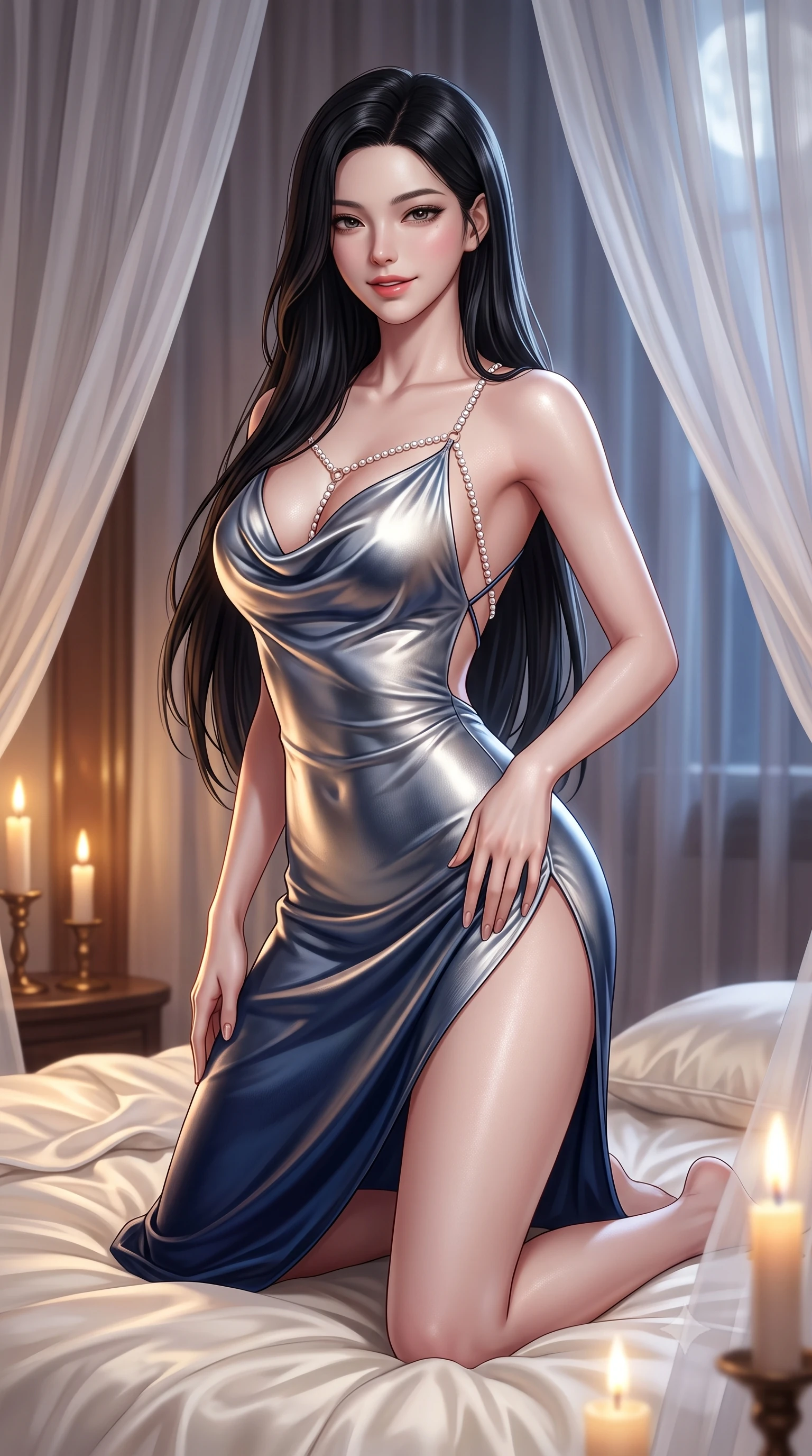 score_9, masterpiece, best quality, ultra-detailed, high-budget anime keyframe, semi-realistic 3D game render, editorial fashion photography, tasteful artistic composition, Korean woman. close-up cowboy shot from the waist and thighs up, the character dominates the composition, filling the frame with her large presence. tilting her head with a teasing half-smile, running one hand slowly down the side of her hip in a flirtatious S-curve as warm candlelight caresses her silhouette while kneeling gracefully on the plush ivory silk duvet beneath cascading sheer drapes, arching her lower back with breathless bedroom-allure. The surrounding environment is rendered in vivid detail and crisp panoramic clarity: detailed lingerie/bodysuit embroidery, subtle pearl sheen on skin, and high-end interior styling in razor-sharp precision. She has an exceptionally elegant, slender, and willowy female figure with an ultra-slim waist, flat toned midriff, narrow ribcage, and sculpted feminine hips creating an alluring, slim hourglass silhouette without bulk. sharp v-shaped jawline, high-bridge nose, sparkling eyes with hypnotic seductive depth, thick curled eyelashes, glossy parted lips with a natural dewy peach sheen, alluring bedroom-eyes with an enchanting coquettish smile, exuding magnetic siren charisma and sophisticated high-fashion glamour, flawlessly proportioned anatomical accuracy, strict slender model proportions, natural body alignment, perfectly sculpted long slender limbs, ultra-slim waistline, clean dynamic posture without body distortion. wearing a plunging cowl-neck liquid silk slip dress with a daring thigh-high split and delicate criss-cross back ties in molten liquid silver and deep sapphire navy, tailored from fine ribbed modal knit with gentle elastic contouring and soft hand-feel, accented with a pearl-drop body harness subtly framing her dewy collarbones and spine, the liquid-tight tailored fabric clinging flawlessly to her narrow waist and rounded feminine hips, emphasizing every millimeter of her sculpted slim hourglass curves without any bulky heaviness. illuminated by moonlight fill and sharp platinum-gold rim lights sculpting her delicate clavicles, narrow waist, and curvaceous hips. highly saturated vibrant anime colors, detailed shading with soft gradients, rich glossy textures, high-contrast stereoscopic depth, volumetric dynamic lighting, master piece, 9:16 ratio