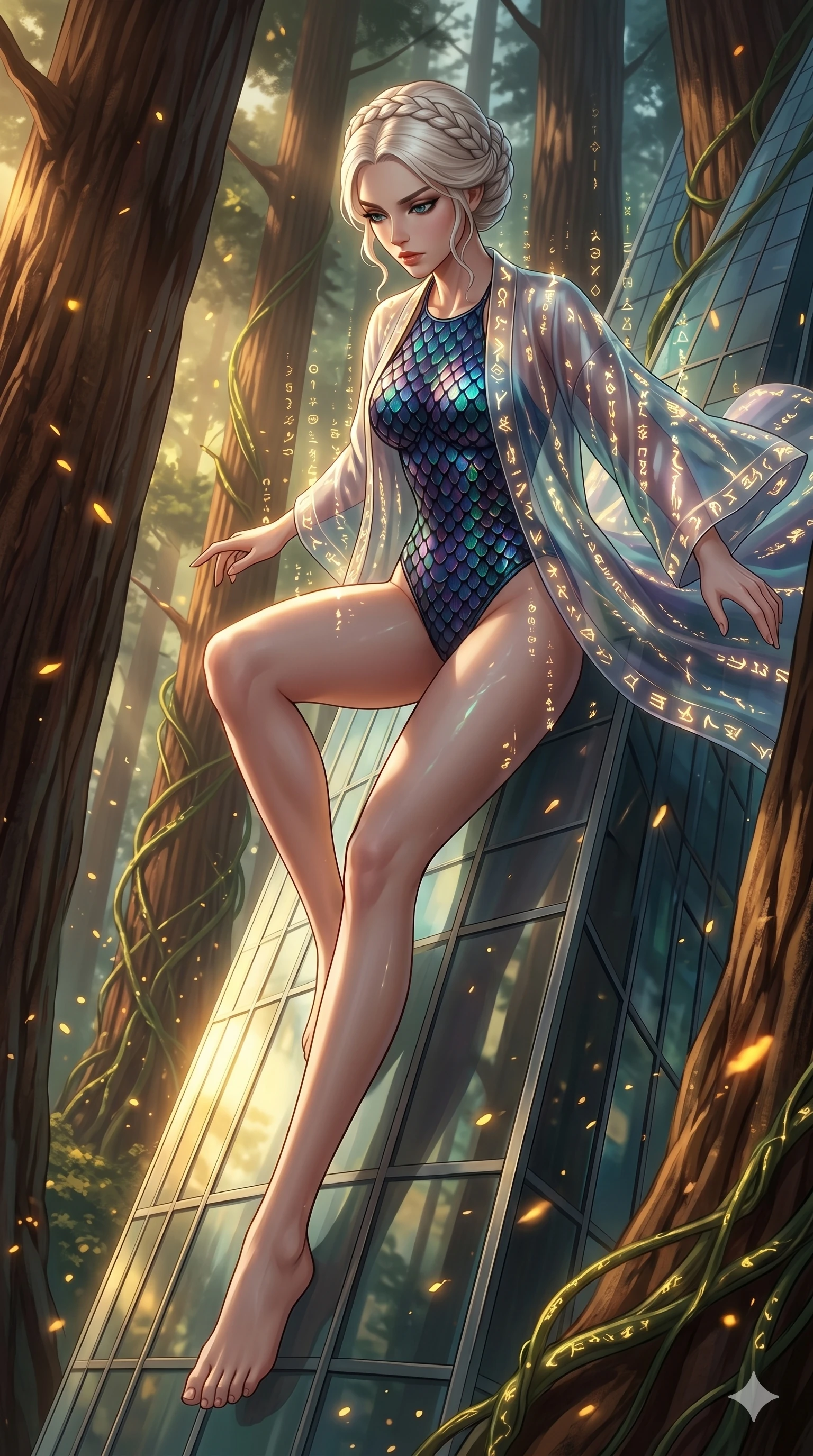 score_9, masterpiece, best quality, ultra-detailed, Set A: High-budget Anime Keyframe, Caucasian (human ears) woman. Upper body close-up from the thighs up, character filling the screen for maximum presence. Theme: Abstract Cosmic. sliding down a glass skyscraper in a giant redwood forest with glowing vines, as a digital rain of 157 symbols washes over her. The atmosphere is filled with golden hour with floating embers. She has an absolutely perfect 8-heads proportion, an exceptionally tall and slender female figure with impossibly long slender legs and an ultra-slim waist. Sharp v-shaped jawline, high-bridge nose, intricate jewel-like eyes with depth, glossy lips. Wearing Iridescent dragon-scale swimwear under a translucent silk kimono with glowing runes. Cinematic lighting, vivid colors, dramatic shadows, 2k, ultra detail, master piece, 9:16 ratio