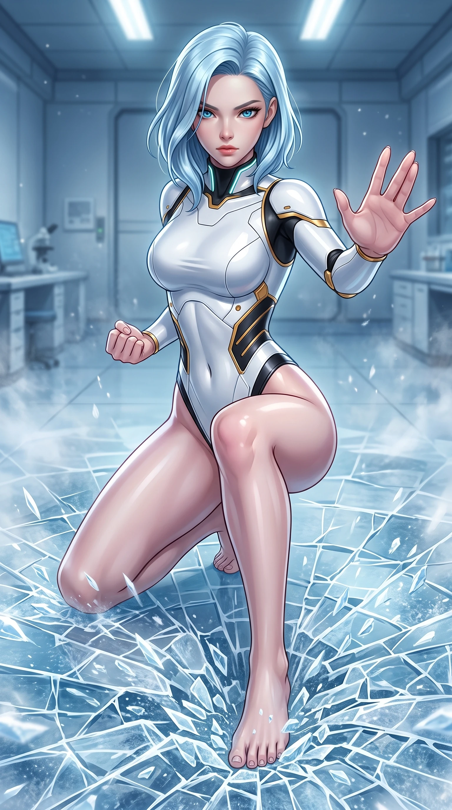 score_9, masterpiece, best quality, ultra-detailed, high-budget anime keyframe, semi-realistic 3D game render, editorial fashion photography, tasteful artistic composition, Korean woman. close-up cowboy shot from the waist and thighs up, the character dominates the composition, filling the frame with her large presence. in a razor-sharp Panzer Kunst fighting guard, one hand extended with palm open in fluid kinetic tension, captivating jewel-like eyes locked onto the viewer with dangerous focus while stomping forcefully onto the frozen laboratory floor, sending a radial shockwave of shattered ice and diamond frost across the room. The surrounding environment is rendered in vivid detail and crisp panoramic clarity. intricate ice fracture geometries on floor, razor-sharp frost patterns on carbon armor, and cryo-mist in deep focus. She has an exceptionally elegant, slender, and willowy female figure with an ultra-slim waist, a gracefully sculpted slender torso, toned flat midriff, and a refined slim silhouette. sharp v-shaped jawline, high-bridge nose, intricate jewel-like eyes with depth, thick eyelashes, glossy lips with a natural sheen, flawlessly proportioned anatomical accuracy, strict slender model proportions, natural body alignment, perfectly sculpted long slender limbs, ultra-slim waistline, clean dynamic posture without body distortion. wearing a form-contouring arctic white carbon-composite martial arts leotard with solar gold articulation joints and diagonal midriff vents in monochrome white enamel carbon with high-contrast black panels, formed from high-gloss patent carbon-plating with specular chiaroscuro reflections, featuring a sleek aerodynamic collar framed by subtle glowing cybernetic status LEDs, the sleek second-skin cut tightly hugging her graceful clavicle, narrow waist, and feminine curves with athletic precision. surrounded by a cool, lethal, and breathtakingly alluring frost-martial-goddess aura. rich saturated anime colors with glowing neon highlights, detailed shading with soft gradients, rich glossy textures, high-contrast stereoscopic depth, volumetric dynamic lighting, master piece, 9:16 ratio