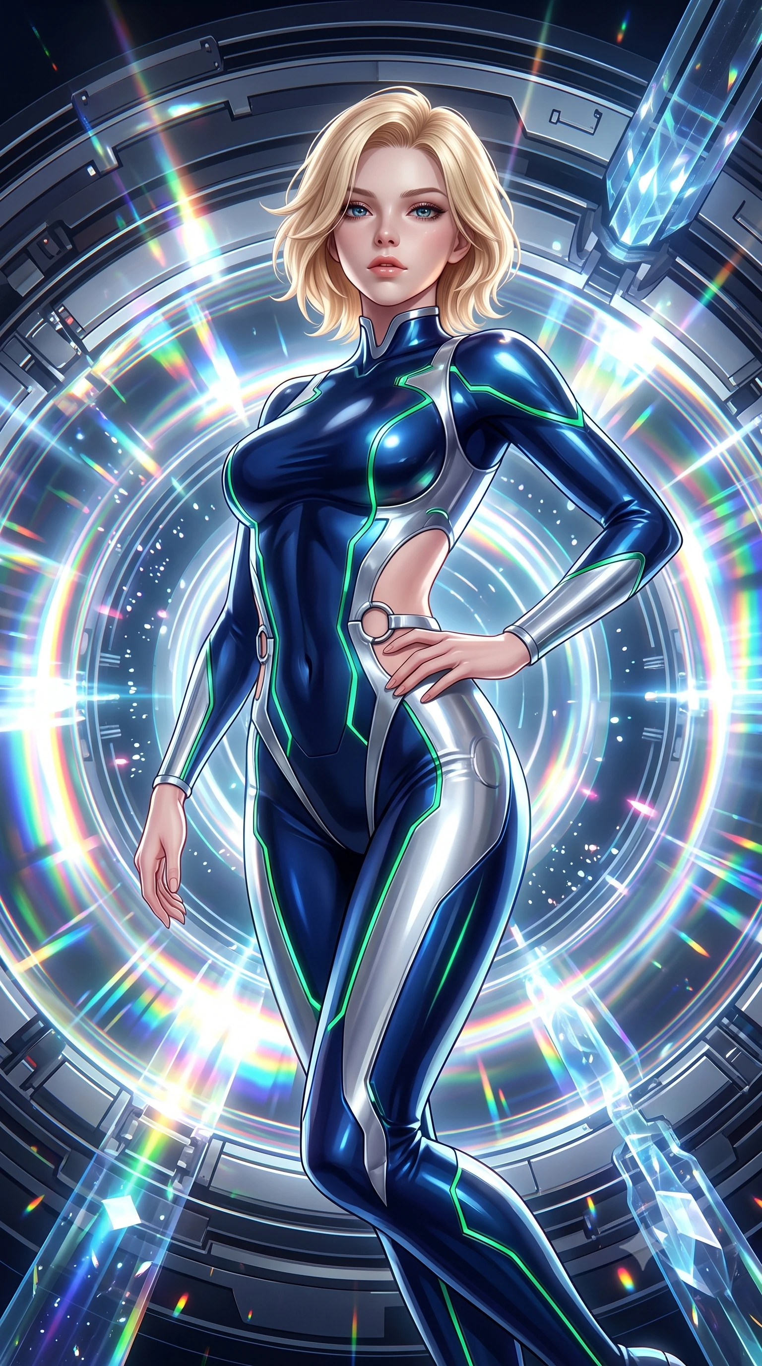 score_9, masterpiece, best quality, ultra-detailed, high-budget anime keyframe, semi-realistic 3D game render, editorial fashion photography, tasteful artistic composition, Caucasian woman. close-up cowboy shot from the waist and thighs up, the character dominates the composition, filling the frame with her large presence. twisting her upper body in a dynamic S-curve with commanding allure, one hand resting on her slender waist with haughty grace while floating in zero-gravity at the core of a starship warp engine as gigantic rotating magnetic rings emit dazzling prism light. The surrounding environment is rendered in vivid detail and crisp panoramic clarity. sharp magnetic ring mechanical seams, distinct glowing particle trails, and crystalline conduit facets in deep focus. She has an exceptionally elegant, slender, and willowy female figure with an ultra-slim waist, a gracefully sculpted slender torso, toned flat midriff, and a refined slim silhouette. sharp v-shaped jawline, high-bridge nose, intricate jewel-like eyes with depth, thick eyelashes, glossy lips with a natural sheen, flawlessly proportioned anatomical accuracy, strict slender model proportions, natural body alignment, perfectly sculpted long slender limbs, ultra-slim waistline, clean dynamic posture without body distortion. wearing a statuesque midnight cobalt and polished platinum bodysuit featuring sleek aerodynamic contour lines and glowing circuit accents in radiant emerald green circuit lines and polished silver sheen, crafted from ultra-reflective second-skin liquid metal with a mirror-like polish, detailed with polished silver rings connecting the daring side-waist cutouts, the precision-cut daring openings accentuating her delicate midriff, graceful bare collarbones, and ultra-slim feminine waistline. surrounded by an awe-inspiring, divine, and radiantly transcendent machine-muse sovereignty aura. rich saturated anime colors with glowing neon highlights, detailed shading with soft gradients, rich glossy textures, high-contrast stereoscopic depth, volumetric dynamic lighting, master piece, 9:16 ratio