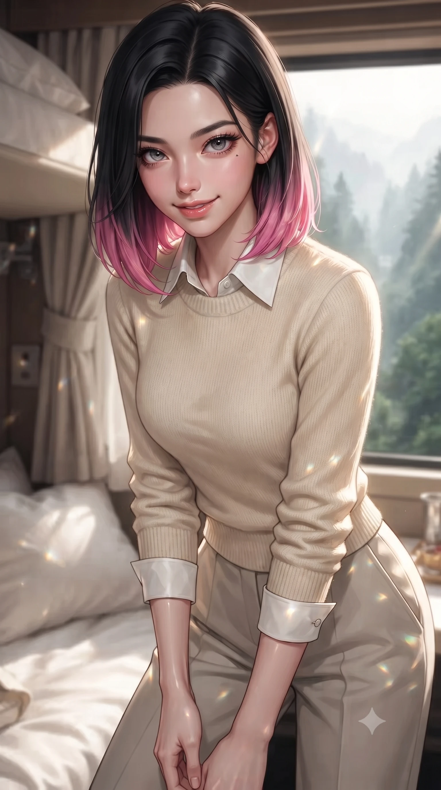 score_9, masterpiece, best quality, ultra-detailed, high-budget anime keyframe, editorial fashion photography, tasteful artistic composition, Korean woman. close-up cowboy shot from the waist and thighs up, the character dominates the composition, filling the frame with her large presence, background elements kept in soft focus. leaning slightly forward with a playful, teasing smile, her gaze locked onto the viewer the background shows a soft-focus a luxury sleeper berth with soft linen drapes and a view of misty forest canyons. She has an exceptionally elegant, slender, and willowy female figure with an ultra-slim waist, a gracefully sculpted slender torso, and a refined silhouette. sharp v-shaped jawline, high-bridge nose, intricate jewel-like eyes with depth, thick eyelashes, glossy lips with a natural sheen. wearing a body-hugging comfortable cream cashmere knit sweater worn over a white silk button-down shirt and relaxed slacks. dappled sunlight filtering through the window as the train passes trees. ultra-reflective glossy finish, specular highlights, metallic sheen, high-contrast stereoscopic depth, volumetric dynamic lighting, 2k, ultra detail, master piece, 9:16 ratio