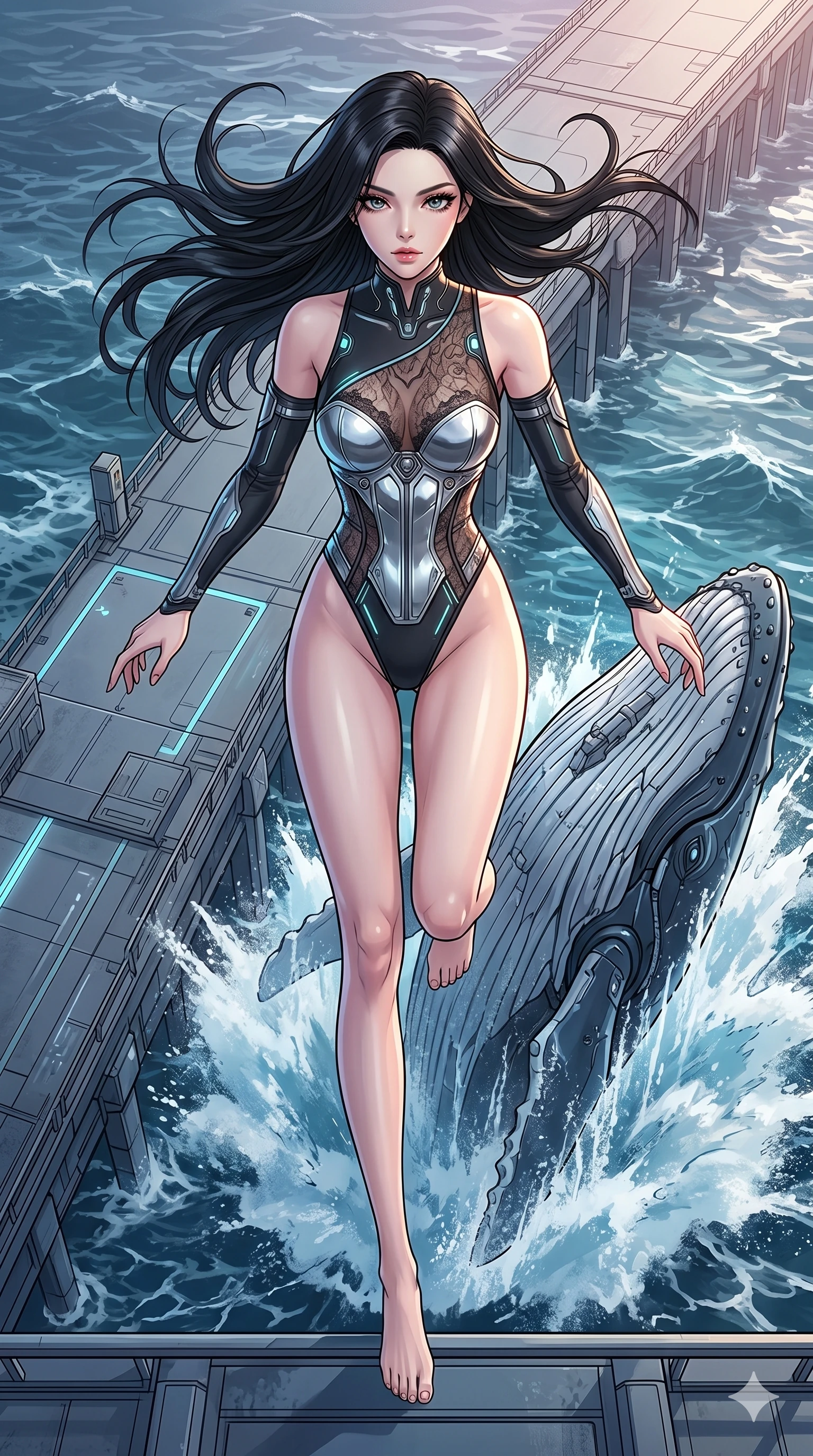 score_9, masterpiece, best quality, ultra-detailed, high-budget anime movie keyframe, cinematic anime lighting, intricate line art, Korean anime girl. Extreme high angle shot as she leaps towards the camera, filling the frame. gliding across a pier as a mechanical whale breaches the water. She has an absolutely perfect 8-heads proportion, an exceptionally tall and slender female figure with an ultra-slim waist and impossibly long slender legs. strictly human anatomy, two legs only, no extra limbs, clearly defined legs and arms, perfect anatomy, perfect hands and fingers. sharp v-shaped jawline, high-bridge nose, intricate jewel-like eyes, thick eyelashes, glossy lips. Wearing Cyber-Tech Legacy: Asymmetrical high-cut tech-bodysuit with detached sleeves and chrome-plated corset over sheer lace. The scene is illuminated by dramatic atmospheric lighting and vibrant color palettes. , 2k, ultra detail, master piece, 9:16 ratio
