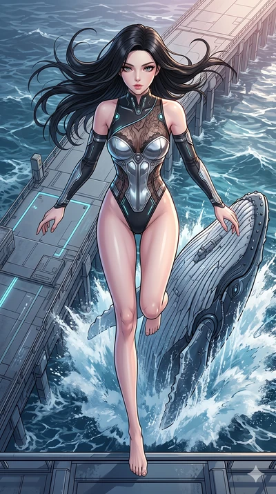 score_9, masterpiece, best quality, ultra-detailed, high-budget anime movie keyframe, cinematic anime lighting, intricate line art, Korean anime girl. Extreme high angle shot as she leaps towards the camera, filling the frame. gliding across a pier a