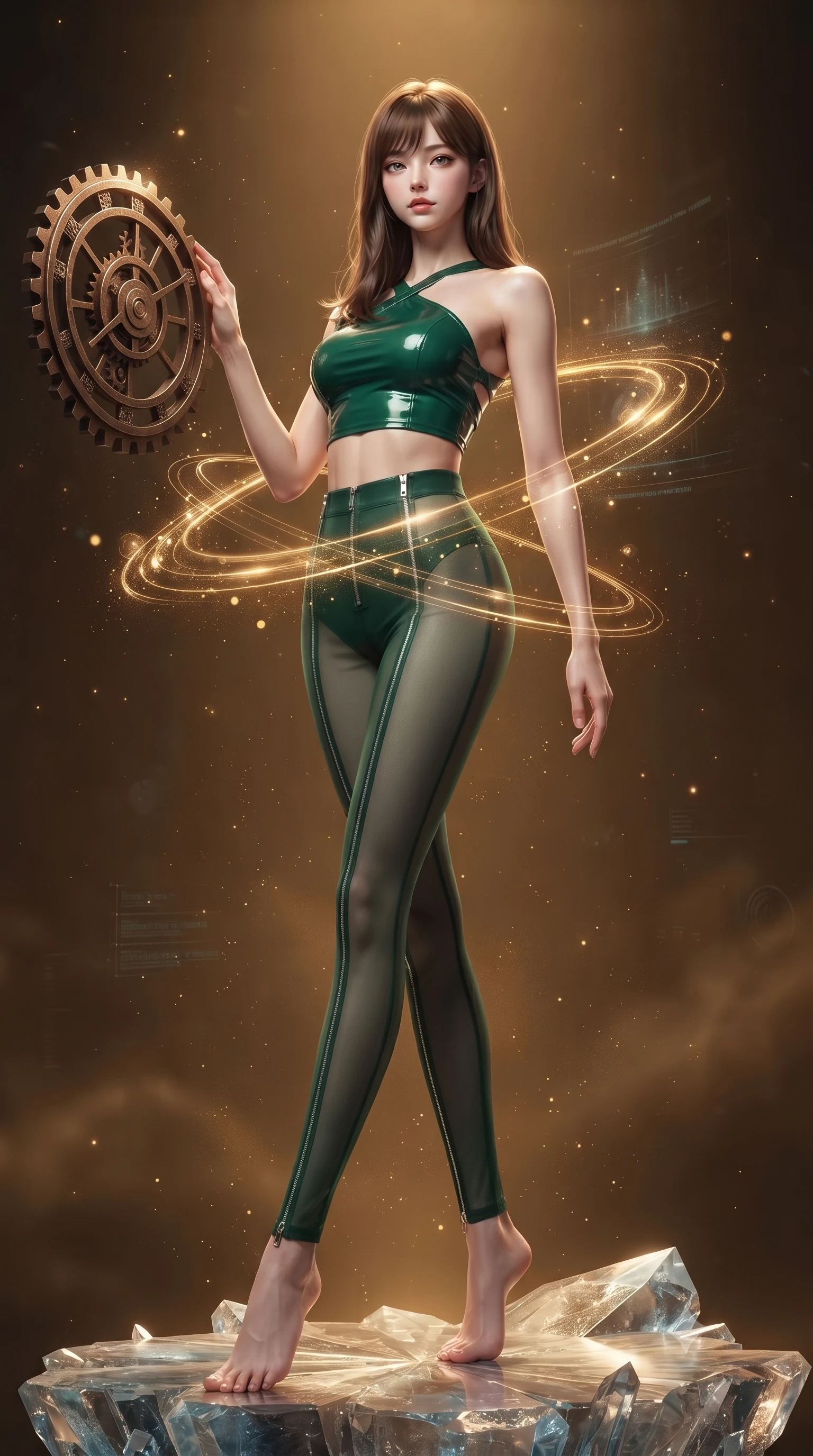 score_9, masterpiece, best quality, ultra-detailed, high-budget anime keyframe, editorial fashion photography, tasteful artistic composition, Korean woman. low angle full-body shot from head to toe showing her feet, filling the entire 9:16 vertical frame with her statuesque presence, stretching her vertical silhouette. navigating the luminous space with effortless poise, displaying her perfect model proportions resting against a floating bronze time gear in a warm golden dimension, golden temporal energy rings swirling around her waist and arms. She has an absolutely perfect, statuesque 8.5-heads proportion, an exceptionally tall and slender model-like female figure with impossibly long slender legs and an ultra-slim waist. sharp v-shaped jawline, high-bridge nose, intricate jewel-like eyes with depth, thick eyelashes, glossy lips with a natural sheen. wearing a glossy vinyl crop top and high-waist tailored leggings with sleek zippers in deep emerald green and silver accent, woven from fine semi-opaque sheer organza, complemented by criss-cross back straps highlighting her bare shoulders, the elegant draped fit framing her graceful clavicle and slender torso. surrounded by a mysterious, timeless atmosphere with deep warm gradients. highly saturated vibrant anime colors, detailed shading with soft gradients, rich glossy textures, high-contrast stereoscopic depth, volumetric dynamic lighting, master piece, 9:16 ratio