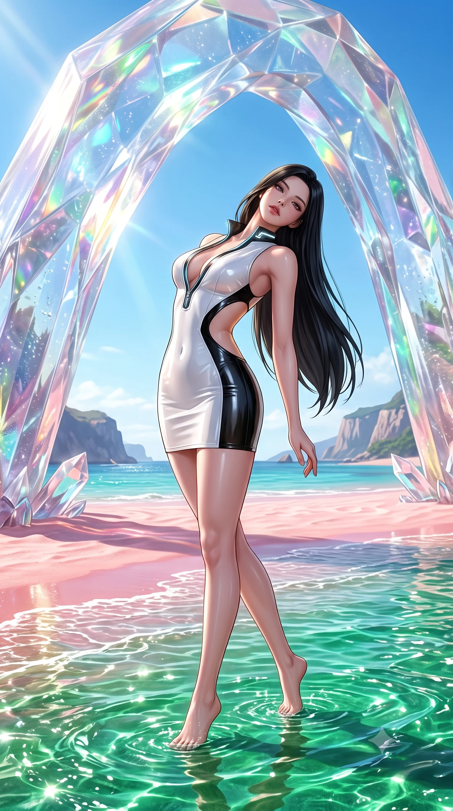 score_9, masterpiece, best quality, ultra-detailed, high-budget anime keyframe, semi-realistic 3D game render, editorial fashion photography, tasteful artistic composition, Korean woman. low angle full-body shot from head to toe showing her feet, filling the entire 9:16 vertical frame with her statuesque presence, stretching her vertical silhouette. arching her back in a fluid zero-gravity turn with sovereign grace, her long slender legs and sculpted torso creating a sweeping line while stepping gracefully through shallow emerald water under a colossal natural crystal arch on a pink sand beach. The surrounding environment is rendered in vivid detail and crisp panoramic clarity. glistening water refractions and scenic coastal landscapes captured with environmental precision. She has an absolutely perfect, statuesque 8.5-heads proportion, an exceptionally tall and slender model-like female figure with impossibly long slender legs, a toned flat midriff, and an ultra-slim waist. sharp v-shaped jawline, high-bridge nose, intricate jewel-like eyes with depth, thick eyelashes, glossy lips with a natural sheen, flawlessly proportioned anatomical accuracy, strict slender model proportions, natural body alignment, perfectly sculpted long slender limbs, ultra-slim waistline, clean dynamic posture without body distortion. wearing a second-skin fashion-latex mini dress with a clean architectural front, featuring an open-back design that wraps around the sides of her waist, showcasing her slender silhouette in high-gloss monochrome white and sharp black contrast, tailored from semi-translucent cybernetic vinyl with glowing micro-filaments, featuring a dangerously unzipped neckline framed by glowing cybernetic accents, the precision-cut daring openings accentuating her delicate midriff, graceful bare collarbones, and ultra-slim feminine waistline. illuminated by pure sky radiance with crisp golden rim lights accentuating her silhouette. highly saturated vibrant anime colors, detailed shading with soft gradients, rich glossy textures, high-contrast stereoscopic depth, volumetric dynamic lighting, master piece, 9:16 ratio