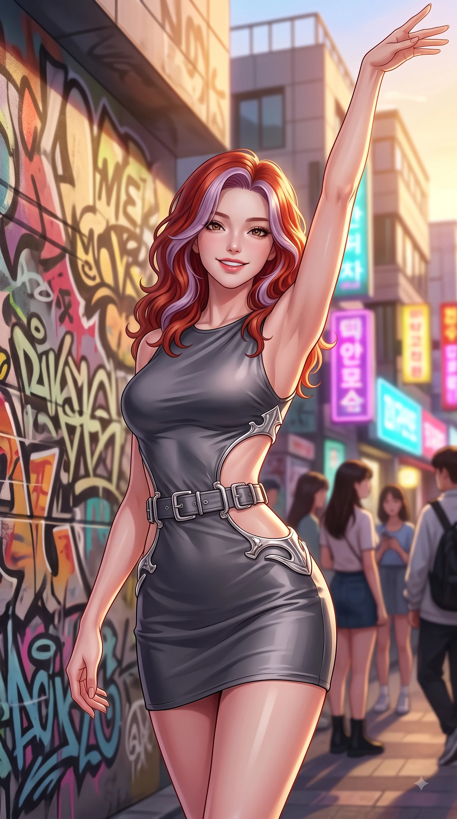 score_9, masterpiece, best quality, ultra-detailed, high-budget anime keyframe, editorial fashion photography, tasteful artistic composition, Caucasian woman. close-up cowboy shot from the waist and thighs up, the character dominates the composition, filling the frame with her large presence, background elements kept in soft focus. Extending one arm in an elegant stretch toward the light while smiling with vibrant, youthful self-assurance while poised gracefully in front of a colorful graffiti wall on Hongdae fashion street at golden hour, young stylish crowds and chic architecture creating a lively college town atmosphere. She has an exceptionally elegant, slender, and willowy female figure with an ultra-slim waist, a gracefully sculpted slender torso, and a refined silhouette. sharp v-shaped jawline, high-bridge nose, intricate jewel-like eyes with depth, thick eyelashes, glossy lips with a natural sheen, flawlessly proportioned anatomical accuracy, natural body alignment, perfectly sculpted elegant limbs, clean dynamic posture without body distortion. wearing a dramatic open-waist cutout mini dress framed by sculptural hardware in charcoal grey and platinum, crafted from smooth liquid silk, detailed with polished silver buckles along the waistline, the tailored fabric tightly following every curve of her athletic build. illuminated by vibrant neon shop signs and crisp clear afternoon key light. highly saturated vibrant anime colors, detailed shading with soft gradients, rich glossy textures, high-contrast stereoscopic depth, volumetric dynamic lighting, master piece, 9:16 ratio
