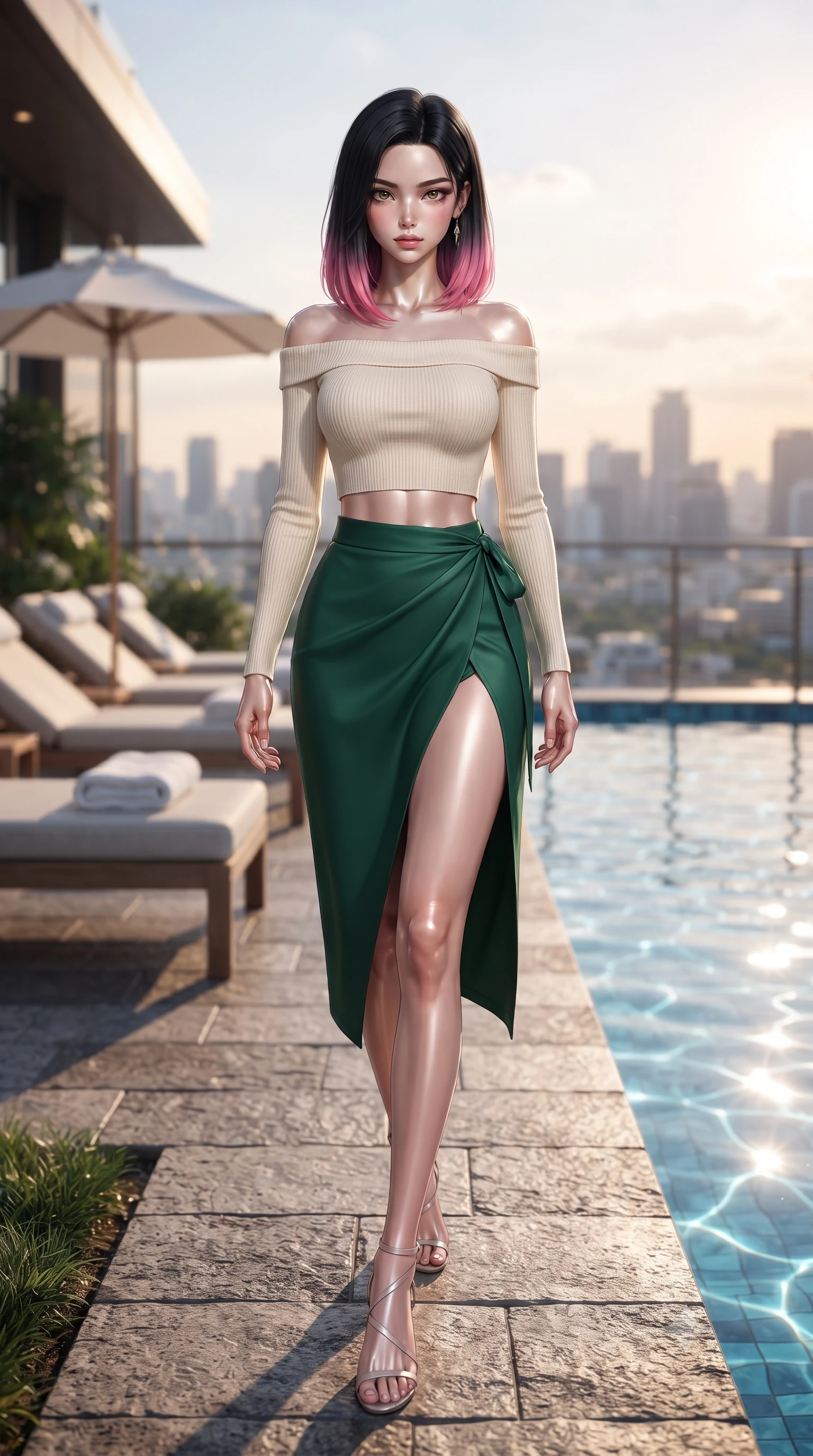score_9, masterpiece, best quality, ultra-detailed, high-budget anime keyframe, editorial fashion photography, tasteful artistic composition, Korean woman woman. low angle full-body shot from head to toe showing her feet, filling the entire 9:16 vertical frame with her statuesque presence, stretching her vertical silhouette. stepping gracefully across a stone path in the garden the background shows a soft-focus a luxury hotel rooftop pool with sunbeds and white towels, looking out at the city. She has an absolutely perfect, statuesque 8.5-heads proportion, an exceptionally tall and slender model-like female figure with impossibly long slender legs and an ultra-slim waist. sharp v-shaped jawline, high-bridge nose, intricate jewel-like eyes with depth, thick eyelashes, glossy lips with a natural sheen. wearing a slim-fit cropped off-shoulder knit top in cream paired with a high-slit wrap skirt in emerald green. bright afternoon sunbeams creating shimmering patterns in the blue pool water. ultra-reflective glossy finish, specular highlights, metallic sheen, high-contrast stereoscopic depth, volumetric dynamic lighting, 2k, ultra detail, master piece, 9:16 ratio