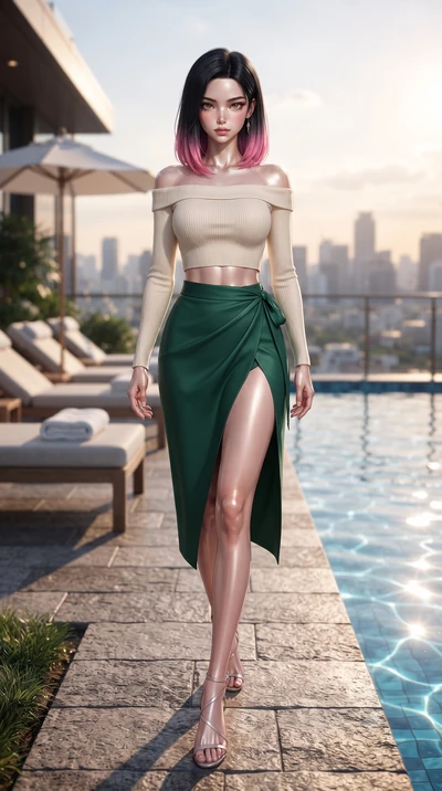 score_9, masterpiece, best quality, ultra-detailed, high-budget anime keyframe, editorial fashion photography, tasteful artistic composition, Korean woman woman. low angle full-body shot from head to toe showing her feet, filling the entire 9:16 vert