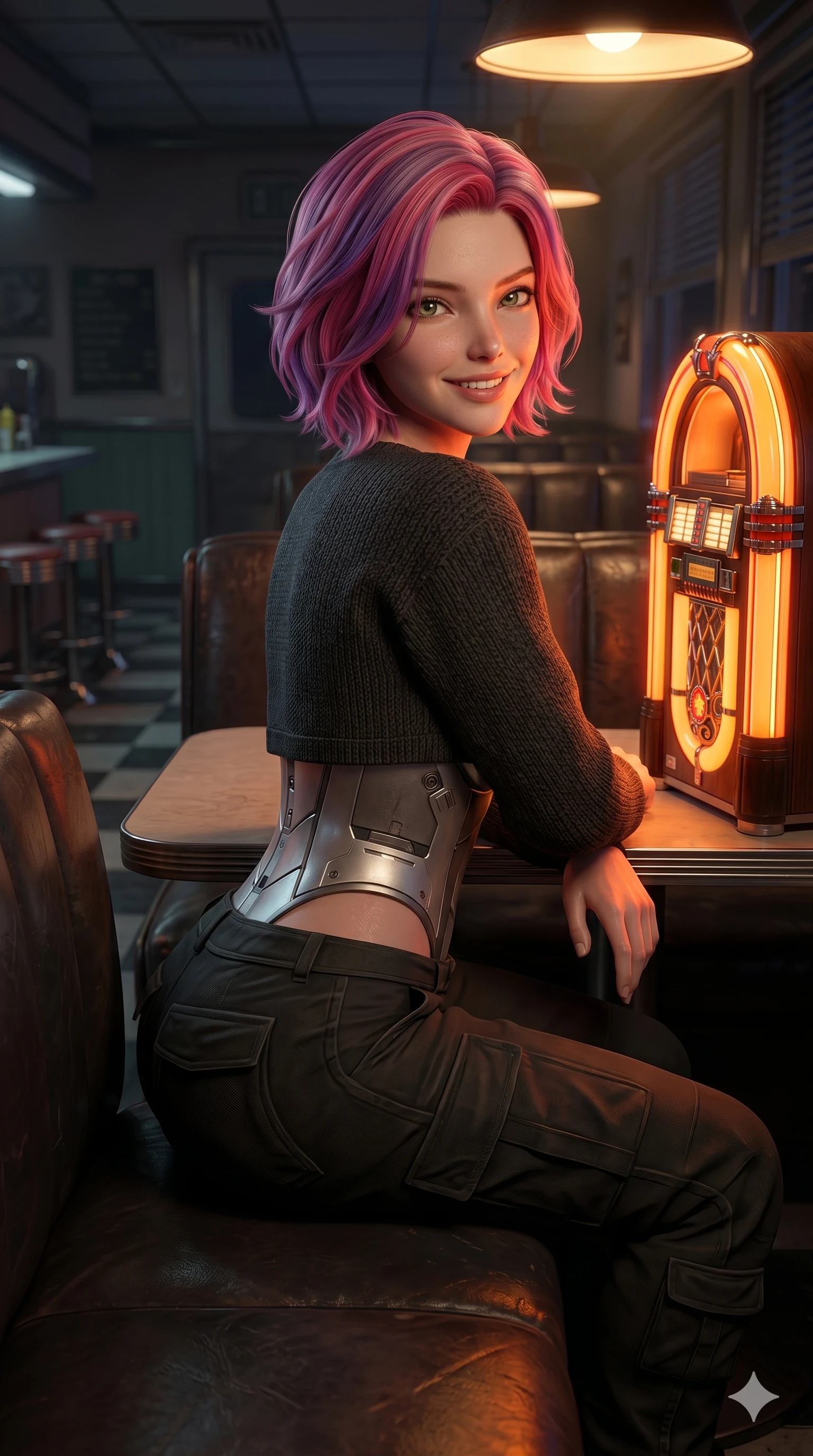 score_9, masterpiece, best quality, ultra-detailed, high-budget anime keyframe, semi-realistic 3D game render, Caucasian woman, strictly human ears. Upper body close-up from the thighs up, character filling the screen for maximum presence. Standing next to a retro jukebox in a quiet diner booth, sitting in the booth, looking back with a warm, welcoming smile. She is wearing a casual cropped sweater, silver bodice, and dark cargo pants. The scene is lit by a warm reading light and the orange glow of the jukebox. 2k, ultra detail, master piece, 9:16 ratio