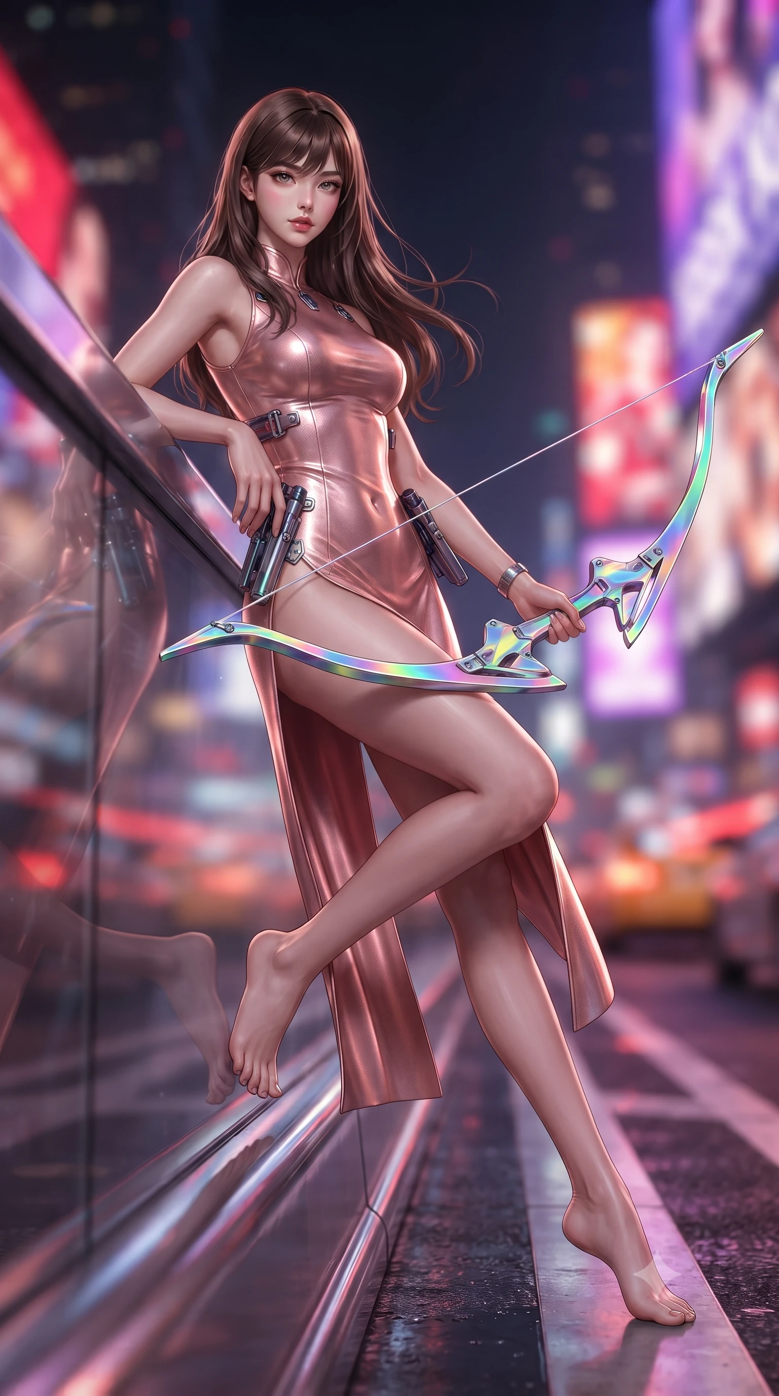 score_9, masterpiece, best quality, ultra-detailed, high-budget anime keyframe, editorial fashion photography, tasteful artistic composition, Korean woman. low angle full-body shot from head to toe showing her feet, filling the entire 9:16 vertical frame with her statuesque presence, stretching her vertical silhouette. performing an alluring mid-air combat landing with flawless poise, looking directly into the camera with regal, deadly intensity while leaning against a sleek highway divider barrier with blades resting at her sides, looking into the lens with a dangerous smolder. The composition keeps background elements in soft focus with creamy bokeh. streaking cyber-traffic light trails and giant holographic billboards blurred into dazzling crimson, amber, and violet bokeh. She has an absolutely perfect, statuesque 8.5-heads proportion, an exceptionally tall and slender model-like female figure with impossibly long slender legs, a toned flat midriff, and an ultra-slim waist. sharp v-shaped jawline, high-bridge nose, intricate jewel-like eyes with depth, thick eyelashes, glossy lips with a natural sheen, flawlessly proportioned anatomical accuracy, strict slender model proportions, natural body alignment, perfectly sculpted long slender limbs, ultra-slim waistline, clean dynamic posture without body distortion. wearing a form-fitting luminous rose-gold carbon combat gown with tactical side slits, wielding a floating magnetic energy bow with celestial poise in high-gloss iridescent rainbow carbon with prism holographic sheen, made of lightweight aerodynamic carbon-titanium alloy with polished edge bevels, detailed with magnetic weapon holsters and polished chrome connection clasps, the sleek second-skin cut tightly hugging her graceful clavicle, narrow waist, and feminine curves with athletic precision. surrounded by a fast, fierce, and intoxicatingly seductive cyber-assassin muse aura. ultra-reflective glossy finish, specular highlights, dark metallic sheen, high-contrast stereoscopic depth, volumetric dynamic lighting, 2k, ultra detail, master piece, 9:16 ratio