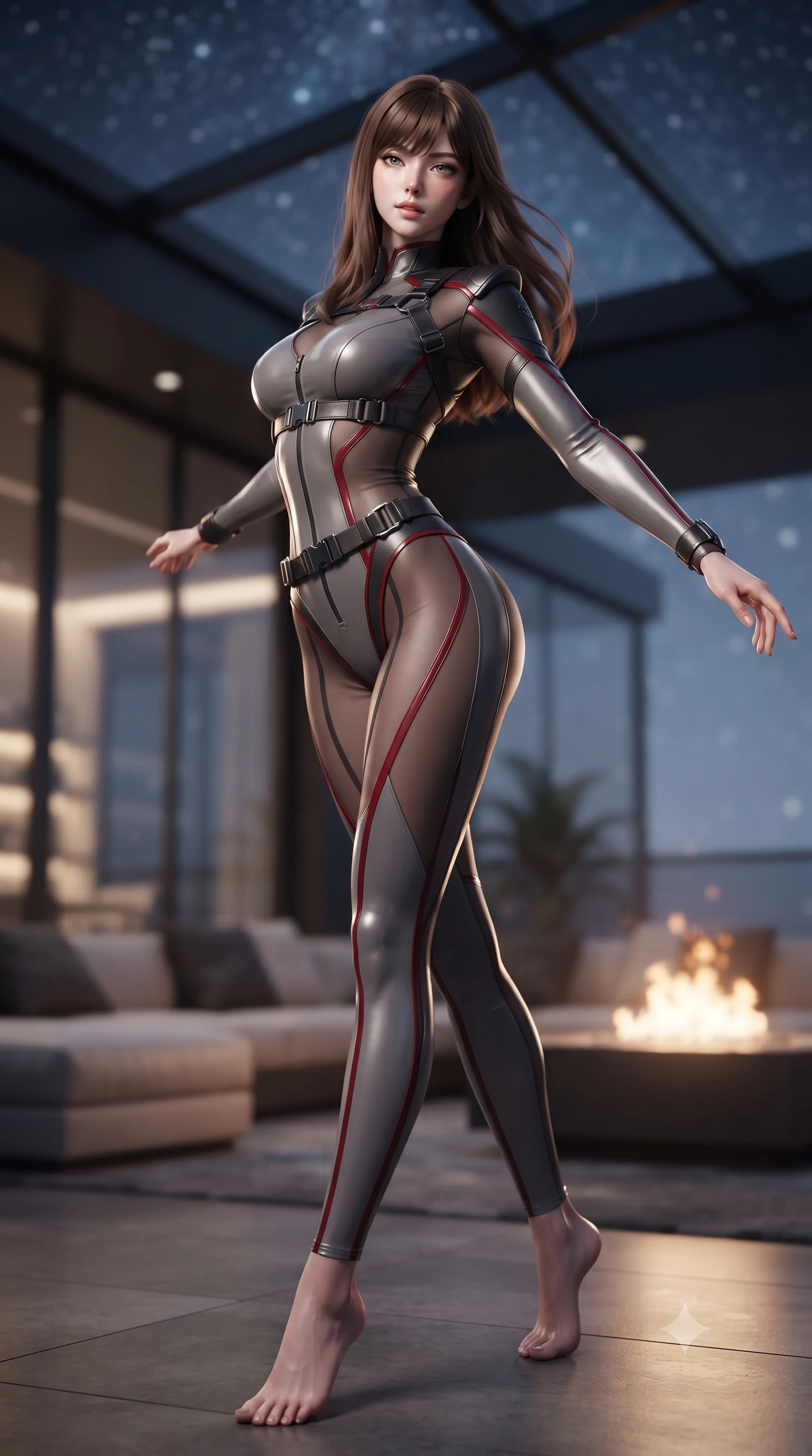 score_9, masterpiece, best quality, ultra-detailed, high-budget anime keyframe, editorial fashion photography, tasteful artistic composition, Korean woman. low angle full-body shot from head to toe showing her feet, filling the entire 9:16 vertical frame with her statuesque presence, stretching her vertical silhouette. executing an elegant mid-motion spin with effortless grace, her garments fluttering softly around her ultra-slim waistline while arching her spine in a relaxed yet alluring pose on a modern lounge daybed under starry penthouse skylights. The composition keeps background elements in soft focus with creamy bokeh. penthouse glass architecture and glowing rooftop fire pits softened in cinematic shallow depth of field. She has an absolutely perfect, statuesque 8.5-heads proportion, an exceptionally tall and slender model-like female figure with impossibly long slender legs, a toned flat midriff, and an ultra-slim waist. sharp v-shaped jawline, high-bridge nose, intricate jewel-like eyes with depth, thick eyelashes, glossy lips with a natural sheen, captivating and magnetic expression, flawlessly proportioned anatomical accuracy, strict slender model proportions, natural body alignment, perfectly sculpted long slender limbs, ultra-slim waistline, clean dynamic posture without body distortion. wearing a sharp asymmetrical spy bodysuit with sheer contouring mesh panels, reinforced strike shoulders, and utility waist harness in storm grey and dark scarlet trim, made of high-mobility liquid jersey and semi-opaque reinforced mesh, accented with concealed lockpick wristbands and polished dark chrome hardware edition #24, the breezy yet form-flattering drape swaying gracefully with her steps, accentuating her long willowy limbs and slim waistline. surrounded by a cosmopolitan, elite, and intensely magnetic modern royalty aura. ultra-reflective glossy finish, specular highlights, rich textural contrasts, high-contrast stereoscopic depth, volumetric dynamic lighting, 2k, ultra detail, master piece, 9:16 ratio