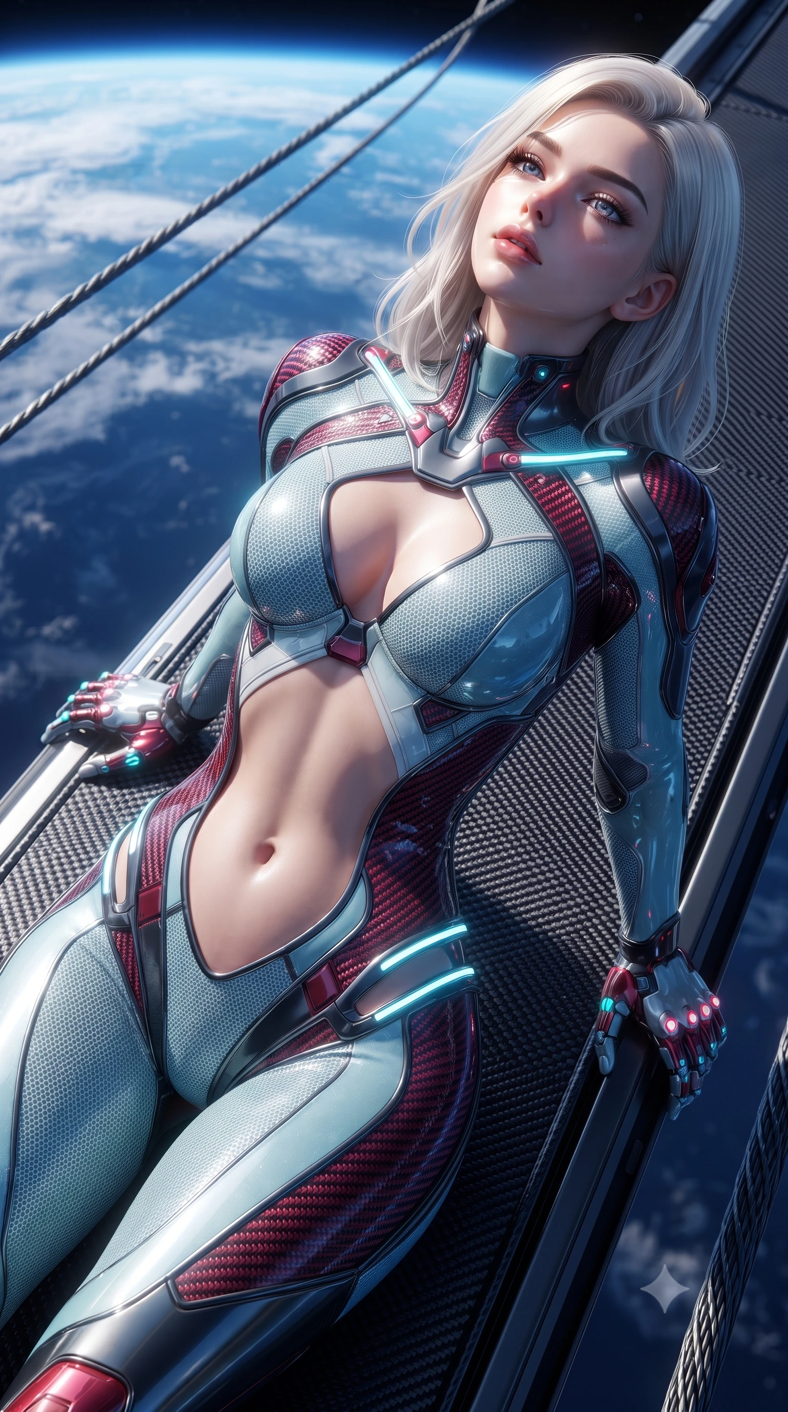 score_9, masterpiece, best quality, ultra-detailed, high-budget anime keyframe, editorial fashion photography, tasteful artistic composition, Caucasian woman. close-up cowboy shot from the waist and thighs up, the character dominates the composition, filling the frame with her large presence. tilting her head back with serene warrior composure, her sharp jawline and sculpted collarbones highlighted by glowing neon kinetic knuckles while stretching her slender torso in an alluring S-curve on the carbon walkway with the curved horizon of Earth glowing below. The surrounding environment is rendered in vivid detail and crisp panoramic clarity. sharp carbon-fiber gantry floor texture, space elevator cable weave, and planetary cloud swirls in deep focus. She has an exceptionally elegant, slender, and willowy female figure with an ultra-slim waist, a gracefully sculpted slender torso, toned flat midriff, and a refined slim silhouette. sharp v-shaped jawline, high-bridge nose, intricate jewel-like eyes with depth, thick eyelashes, glossy lips with a natural sheen, flawlessly proportioned anatomical accuracy, strict slender model proportions, natural body alignment, perfectly sculpted long slender limbs, ultra-slim waistline, clean dynamic posture without body distortion. wearing an ultra-sleek glacial-cyan and white carbon-mesh combat bodysuit with frost-resistant kinetic shock-absorber plating in deep crimson carbon weave with specular dark chrome accents, made of liquid carbon-jersey fabric adhering flawlessly to her sculpted silhouette, accented with glowing fiber-optic conduits tracing her collarbones and hip curves, the precision-cut daring openings accentuating her delicate midriff, graceful bare collarbones, and ultra-slim feminine waistline. bathed in dazzling high-noon orbital sunlight and rich blue Earth ambient bounce light. ultra-reflective glossy finish, specular highlights, dark metallic sheen, high-contrast stereoscopic depth, volumetric dynamic lighting, 2k, ultra detail, master piece, 9:16 ratio