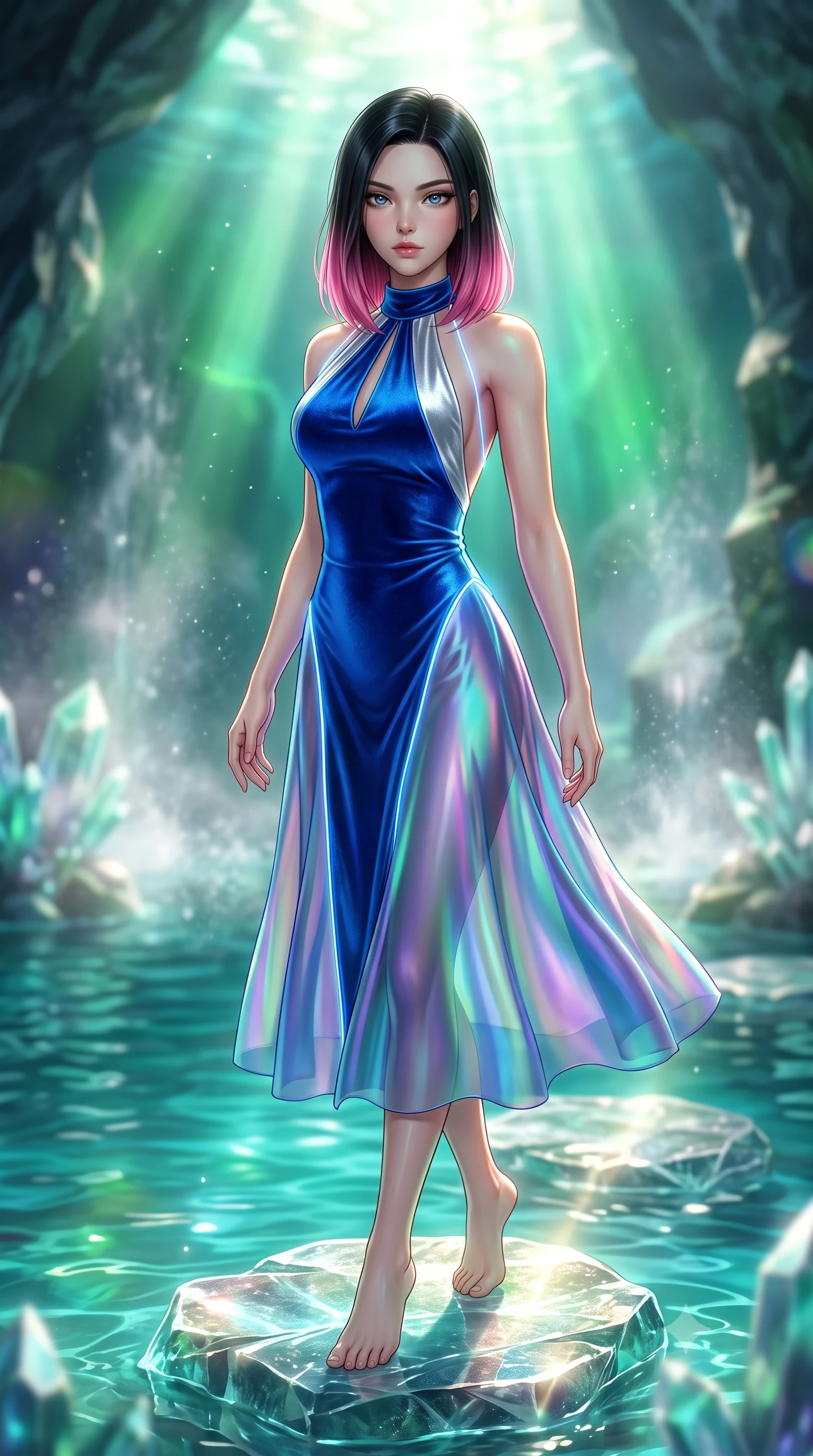 score_9, masterpiece, best quality, ultra-detailed, high-budget anime keyframe, semi-realistic 3D game render, editorial fashion photography, tasteful artistic composition, Korean woman. close-up cowboy shot from the waist and thighs up, the character dominates the composition, filling the frame with her large presence. gazing directly into the lens with bedroom eyes and a breathtaking, dangerous allure that commands the entire composition while pivoting dynamically on a submerged crystal stepping stone as sunbeams penetrate the turquoise pool. The composition keeps background elements in soft focus with creamy bokeh. rising water mist and crystalline rock formations softened by luminous shallow depth of field. She has an exceptionally elegant, slender, and willowy female figure with an ultra-slim waist, a gracefully sculpted slender torso, toned flat midriff, and a refined slim silhouette. sharp v-shaped jawline, high-bridge nose, intricate jewel-like eyes with depth, thick eyelashes, glossy lips with a natural sheen, flawlessly proportioned anatomical accuracy, strict slender model proportions, natural body alignment, perfectly sculpted long slender limbs, ultra-slim waistline, clean dynamic posture without body distortion. wearing a velvet halter-neck midi dress fitting her statuesque contour flawlessly with a Tasteful chest slit and open spine in liquid electric cobalt blue and polished silver, made of smooth iridescent silk chiffon that shifts colors with movement, accented with glowing fiber-optic seams tracing her collarbones and hip curves, the liquid-tight tailored fabric emphasizing every curve of her tall, slender model proportions and sculptured silhouette during dynamic movement. bathed in bright morning sunbeams penetrating waterfall mist with radiant green and cyan ambient glow. highly saturated vibrant anime colors, detailed shading with soft gradients, rich glossy textures, high-contrast stereoscopic depth, volumetric dynamic lighting, master piece, 9:16 ratio