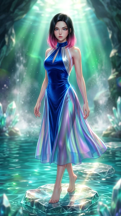 score_9, masterpiece, best quality, ultra-detailed, high-budget anime keyframe, semi-realistic 3D game render, editorial fashion photography, tasteful artistic composition, Korean woman. close-up cowboy shot from the waist and thighs up, the characte