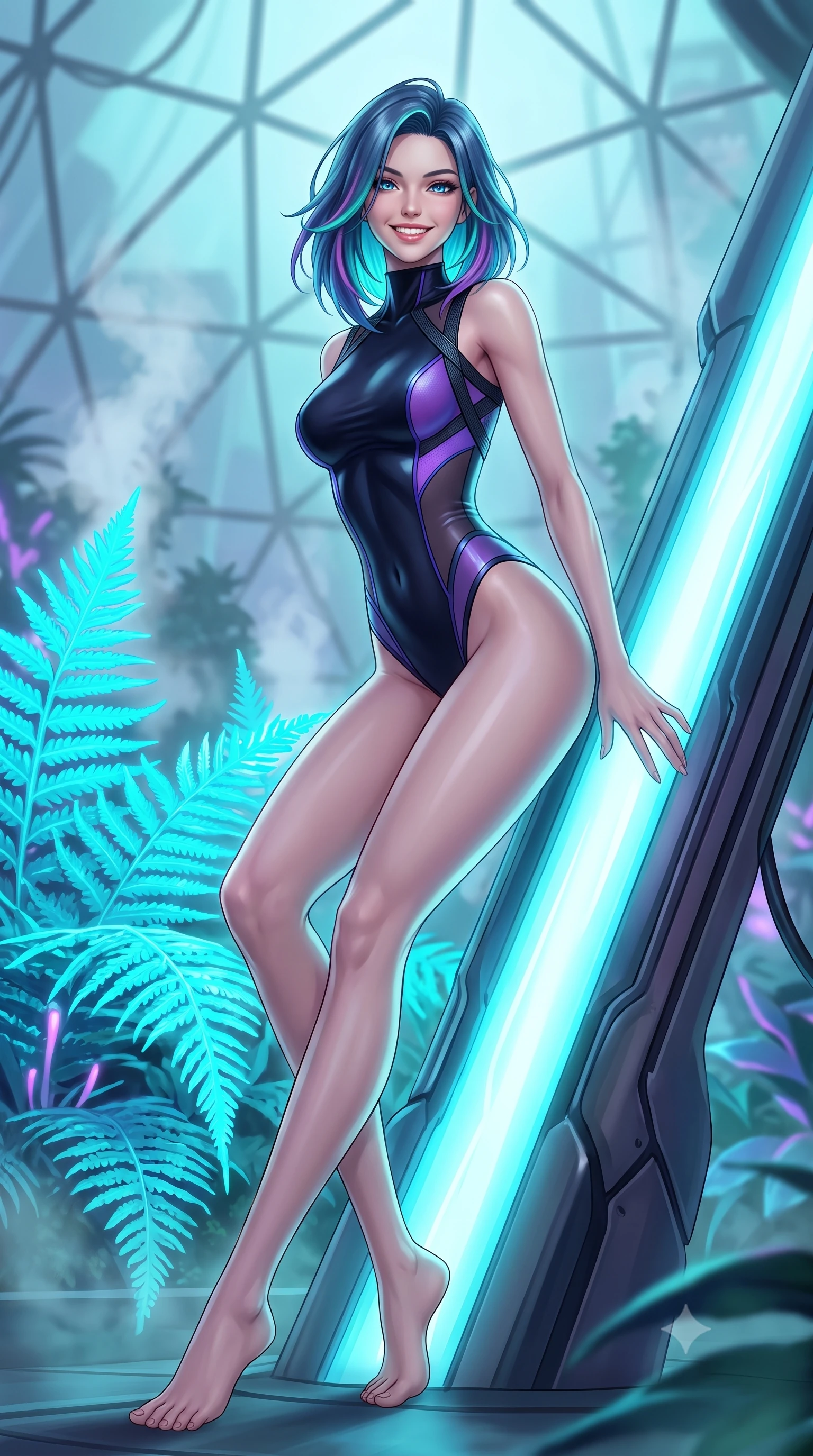 score_9, masterpiece, best quality, ultra-detailed, high-budget anime keyframe, semi-realistic 3D game render, editorial fashion photography, tasteful artistic composition, Caucasian woman. low angle full-body shot from head to toe showing her feet, filling the entire 9:16 vertical frame with her statuesque presence, stretching her vertical silhouette. leaning deep against the glowing energy conduit with hips cocked back in an unapologetically alluring high-fashion stance, flashing a warm beaming smile while twisting her slender torso in an alluring S-curve beside giant pulsating cyan ferns, organic glow tracing her narrow waist and curvy hips. The background shows a soft-focus steaming nutrient aerosol vapors and soaring geodesic dome framework softened in sci-fi garden shallow focus. She has an absolutely perfect, statuesque 8.5-heads proportion, an exceptionally tall and slender model-like female figure with impossibly long slender legs, an ultra-slim waist, a flat toned midriff, narrow delicate ribcage, and beautifully sculpted feminine hips creating a graceful, slim hourglass silhouette without any bulky heaviness. sharp v-shaped jawline, high-bridge nose, intricate jewel-like sparkling eyes with depth, thick eyelashes, glossy parted lips with a natural sheen, bright confident smile with an enchanting and coquettish sensual glint, exuding both youthful magnetic charm and sovereign high-tech allure, flawlessly proportioned anatomical accuracy, strict slender model proportions, natural body alignment, perfectly sculpted long slender limbs, ultra-slim waistline, clean dynamic posture without body distortion. wearing a sleeveless high-collar cyber pilot suit in liquid-look obsidian jersey with strategic sheer ventilation panels in neon electric violet and deep space obsidian, made of supple second-skin compression stretch jersey clinging flawlessly to her form, finished with criss-cross Kevlar tactical straps tracing her graceful shoulder blades, the form-contouring cut accentuating her sculpted flat midriff, narrow delicate ribcage, and gracefully curvy hips with cybernetic supermodel precision. bathed in cool ethereal aqua and ultraviolet bioluminescent light radiating from living plants. highly saturated vibrant anime colors, detailed shading with soft gradients, rich glossy textures, high-contrast stereoscopic depth, volumetric dynamic lighting, master piece, 9:16 ratio