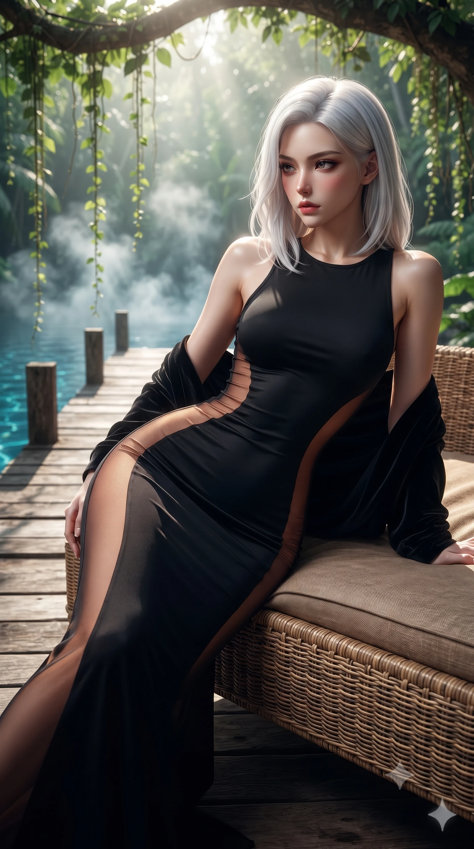 score_9, masterpiece, best quality, ultra-detailed, high-budget anime keyframe, editorial fashion photography, tasteful artistic composition, Korean woman. close-up cowboy shot from the waist and thighs up, the character dominates the composition, filling the frame with her large presence. twisting her slender torso in a deep contrapposto stance, hips dramatically shifted to accentuate her feminine curves while looking past her shoulder with smoldering bedroom-eyes while reclining across a woven rattan daybed on the wooden jetty, her toned flat midriff glowing in the dappled tropical rainforest light. The composition keeps background elements in soft focus with creamy bokeh. cascading tropical vines and rising jungle mist vapors softened in exotic Indonesian shallow focus. She has an exceptionally elegant, slender, and willowy female figure with an ultra-slim waist, flat toned midriff, narrow ribcage, and sculpted feminine hips creating an alluring, slim hourglass silhouette without bulk. sharp v-shaped jawline, high-bridge nose, intricate jewel-like eyes with depth, thick eyelashes, glossy parted lips with a natural sheen, intensely captivating and seductive bedroom-eyes expression, flawlessly proportioned anatomical accuracy, strict slender model proportions, natural body alignment, perfectly sculpted long slender limbs, ultra-slim waistline, clean dynamic posture without body distortion. wearing a second-skin black silk jersey maxi dress with asymmetrical sheer mesh side panels tracing the full curve of her hip in rich copper bronze and warm amber, tailored from liquid silk jersey adhering flawlessly to her slender build, complemented by a plush velvet shawl draped loosely over her elbows, the liquid-tight tailored fabric clinging flawlessly to her narrow waist and rounded feminine hips, emphasizing every millimeter of her sculpted slim hourglass curves without any bulky heaviness. illuminated by intense sapphire water surface caustics carving her razor-sharp jawline, narrow waist, and curvy hips. ultra-reflective glossy finish, specular highlights, rich textural contrasts, high-contrast stereoscopic depth, volumetric dynamic lighting, 2k, ultra detail, master piece, 9:16 ratio