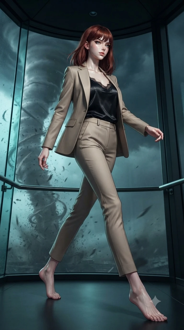 score_9, masterpiece, best quality, ultra-detailed, high-budget anime keyframe, editorial fashion photography, tasteful artistic composition, Caucasian woman, strictly human ears. low angle full-body shot from head to toe showing her feet, filling the entire 9:16 vertical frame with her statuesque presence, stretching her vertical silhouette. stepping elegantly through inside a reinforced glass observation tower as a massive tornado passes dangerously close debris spiraling in the visible vortex funnel wall of the twister mere meters from the shaking glass walls. She has a statuesque 8.5-heads proportion, an exceptionally tall, slender and willowy model-like build with impossibly long legs and a highly sculpted ultra-slim waist. sharp v-shaped jawline, high-bridge nose, intricate jewel-like eyes with depth, thick eyelashes, glossy lips with a natural sheen. wearing a black fine lace-trimmed satin camisole layered under a structured beige blazer, paired with tailored pencil pants. soft aqua bioluminescent light making her skin luminously glow against darkness. 2k, ultra detail, master piece, 9:16 ratio