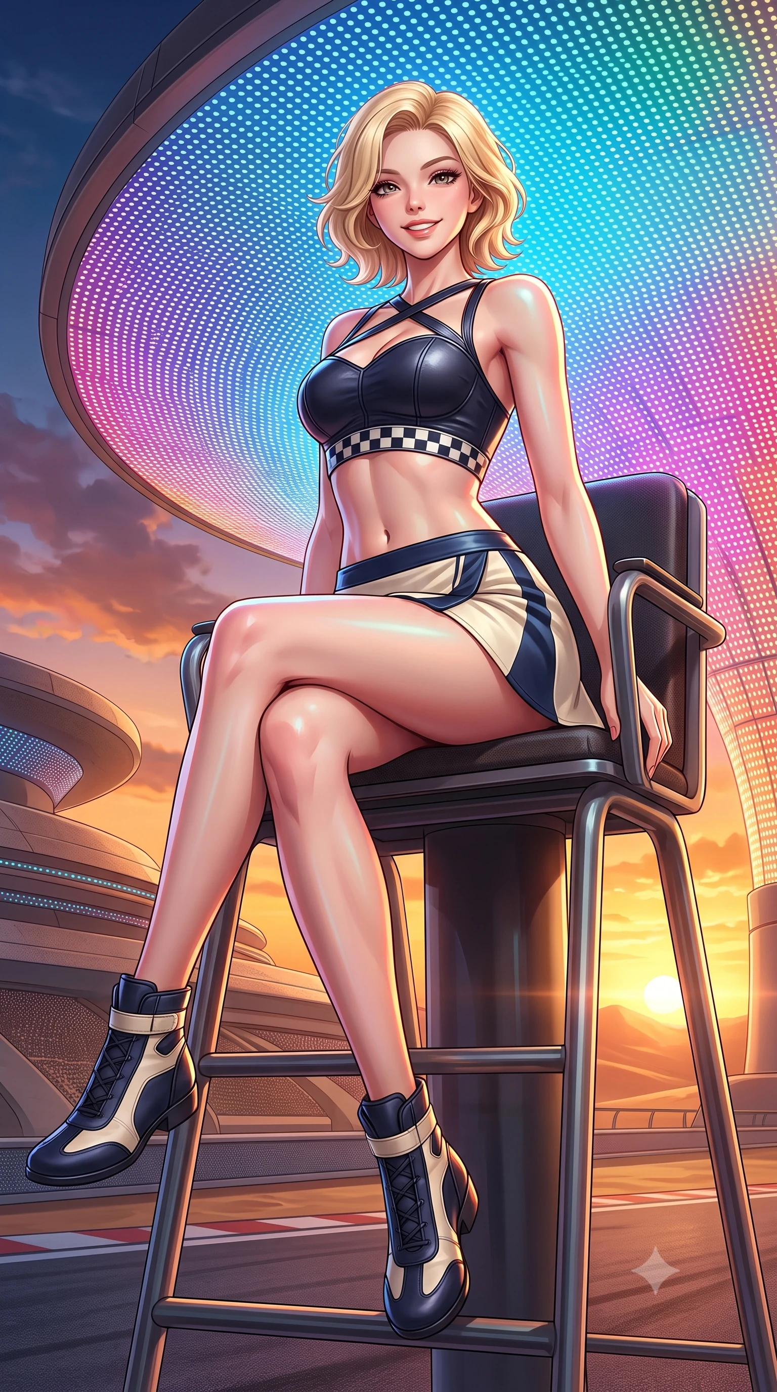 score_9, masterpiece, best quality, ultra-detailed, high-budget anime keyframe, semi-realistic 3D game render, editorial fashion photography, tasteful artistic composition, Caucasian woman. low angle full-body shot from head to toe showing her feet, filling the entire 9:16 vertical frame with her statuesque presence, stretching her vertical silhouette. sitting perched on the elevated umpire chair with legs crossed and hips angled toward the camera, displaying her toned midriff and long slender limbs with joyful, coquettish charm while twisting her slender torso in an alluring S-curve, dynamic LED color shifts from the hotel canopy illuminating her tight racing outfit and hips. The surrounding environment is rendered in vivid detail and crisp panoramic clarity: detailed racing suit weave, LED reflections on skin, and futuristic Middle Eastern motorsport architecture in high resolution. She has an absolutely perfect, statuesque 8.5-heads proportion, an exceptionally tall and slender model-like female figure with impossibly long slender legs, an ultra-slim waist, a flat toned midriff, narrow delicate ribcage, and beautifully sculpted feminine hips creating a graceful, slim hourglass silhouette without any bulky heaviness. sharp v-shaped jawline, high-bridge nose, sparkling eyes with athletic focus and depth, thick curled eyelashes, glossy parted lips with a natural coral-peach sheen, bright confident and coquettish smile with alluring bedroom-eyes, exuding both youthful sporty vigor and sovereign high-society glamour, flawlessly proportioned anatomical accuracy, strict slender model proportions, natural body alignment, perfectly sculpted long slender limbs, ultra-slim waistline, clean dynamic posture without body distortion. wearing a chic leather bustier top with checkered flag trim paired with an ultra-short A-line tennis skirt in retro tennis cream and navy blue stripes, crafted from supple buttery lambskin racing leather with a satin sheen, finished with criss-cross back athletic straps highlighting her graceful shoulder blades, the high-waisted wrap tailoring accentuating her ultra-slim waistline and the enchanting curve of her feminine hips with alluring sporty charm. bathed in dramatic desert sunset golden hour twilight combined with vibrant LED canopy color washes. highly saturated vibrant anime colors, detailed shading with soft gradients, rich glossy textures, high-contrast stereoscopic depth, volumetric dynamic lighting, master piece, 9:16 ratio