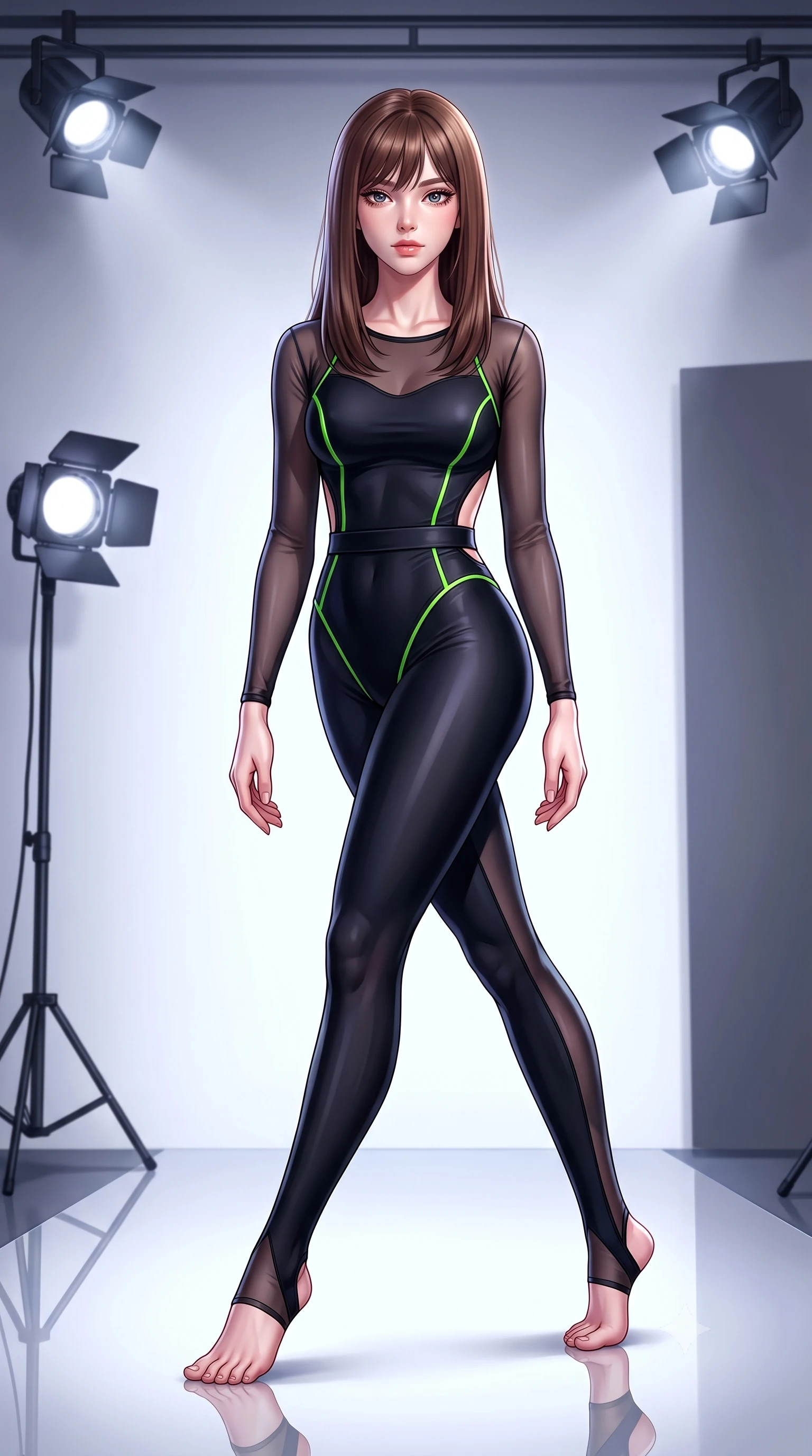 score_9, masterpiece, best quality, ultra-detailed, high-budget anime keyframe, semi-realistic 3D game render, editorial fashion photography, tasteful artistic composition, Korean woman. low angle full-body shot from head to toe showing her feet, filling the entire 9:16 vertical frame with her statuesque presence, stretching her vertical silhouette. striding forward in a proud supermodel runway stride, hips swaying in an alluring kinetic rhythm that accentuates her curvy hourglass silhouette while crouching in a low, balanced dancer plié on the reflective floor, her athletic feminine curves and toned hips creating a breathtaking line. The surrounding environment is rendered in vivid detail and crisp panoramic clarity. detailed muscle definition, fabric stretch tension lines, and studio spotlight fixtures in high clarity. She has an absolutely perfect, statuesque 8.5-heads proportion, an exceptionally tall and slender model-like female figure with impossibly long slender legs, a toned flat midriff, an ultra-slim waist, and beautifully sculpted feminine hips. sharp v-shaped jawline, high-bridge nose, intricate jewel-like eyes with depth, thick eyelashes, glossy parted lips with a natural sheen, intensely captivating and seductive bedroom-eyes expression, flawlessly proportioned anatomical accuracy, strict slender model proportions, natural body alignment, perfectly sculpted long slender limbs, ultra-slim waistline, clean dynamic posture without body distortion. wearing a layered dance bodysuit with sheer mesh sleeves and form-fitting hip-cinching belt in pitch black with gloss neon piping, crafted from compression spandex sculpting her athletic hourglass lines, accented with sheer stirrup wrap ribbons along her long slender legs, the precision-cut side openings and low-back scoop framing her graceful spine and the sensual sweep of her hips. illuminated by crisp specular rim lights accentuating her narrow waist, curved hips, and long legs. highly saturated vibrant anime colors, detailed shading with soft gradients, rich glossy textures, high-contrast stereoscopic depth, volumetric dynamic lighting, master piece, 9:16 ratio