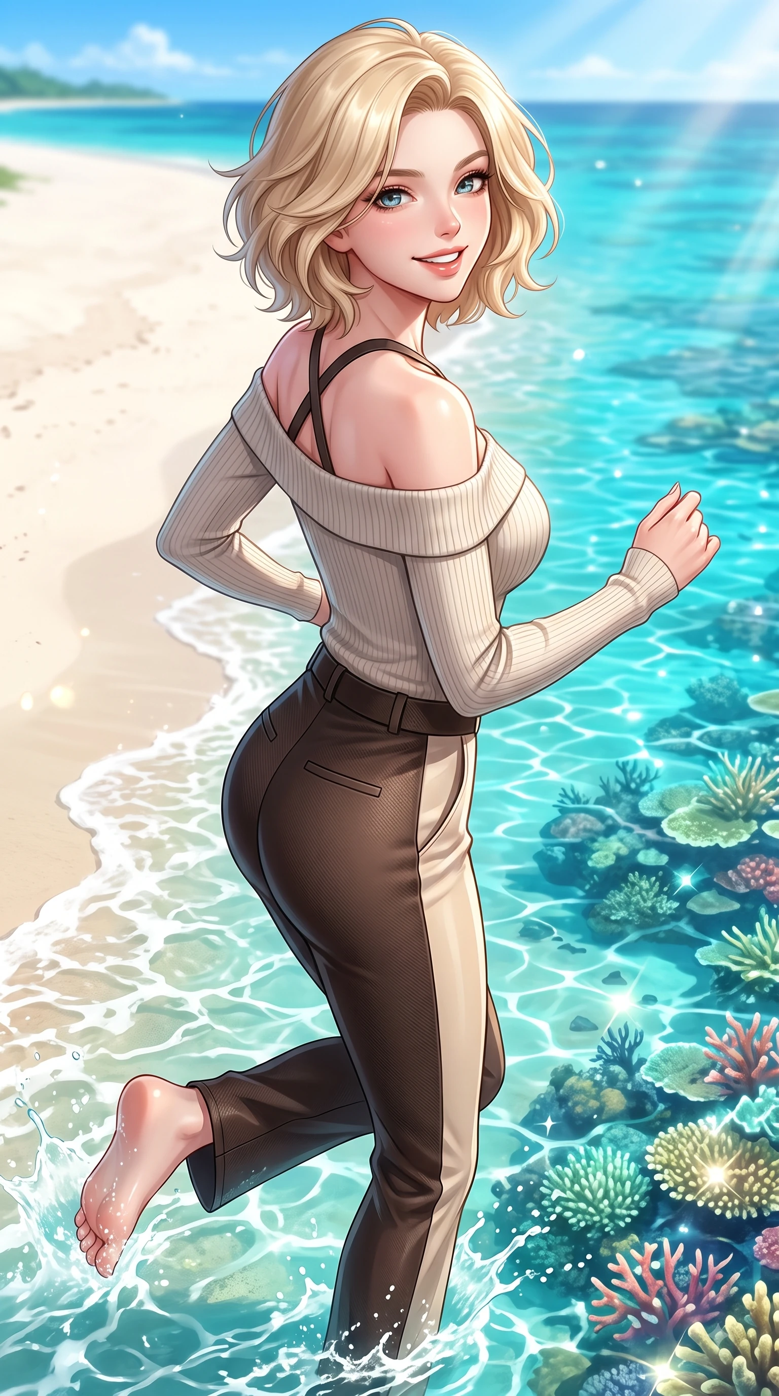 score_9, masterpiece, best quality, ultra-detailed, high-budget anime keyframe, editorial fashion photography, tasteful artistic composition, Caucasian woman. close-up cowboy shot from the waist and thighs up, the character dominates the composition, filling the frame with her large presence, background elements kept in soft focus. Cheerful beaming smile with parted lips, exuding pure enchanting charm while turning dynamically toward the camera while running playfully along a white sand beach as clear emerald ocean waves lap at her feet, crystal-clear turquoise water revealing vibrant coral reefs shimmering beneath bright sunbeams. She has an exceptionally elegant, slender, and willowy female figure with an ultra-slim waist, a gracefully sculpted slender torso, and a refined silhouette. sharp v-shaped jawline, high-bridge nose, intricate jewel-like eyes with depth, thick eyelashes, glossy lips with a natural sheen, flawlessly proportioned anatomical accuracy, natural body alignment, perfectly sculpted elegant limbs, clean dynamic posture without body distortion. wearing a sleek off-shoulder ribbed knit top paired with high-waist tailored pants in espresso brown and warm cream, made of fine carbon-fiber weave and soft matte leather, complemented by criss-cross back straps highlighting her bare shoulders, the form-contouring material highlighting her ultra-slim waist and long lines. surrounded by a bright, pristine beach ambiance with cheerful specular highlights. highly saturated vibrant anime colors, detailed shading with soft gradients, rich glossy textures, high-contrast stereoscopic depth, volumetric dynamic lighting, master piece, 9:16 ratio