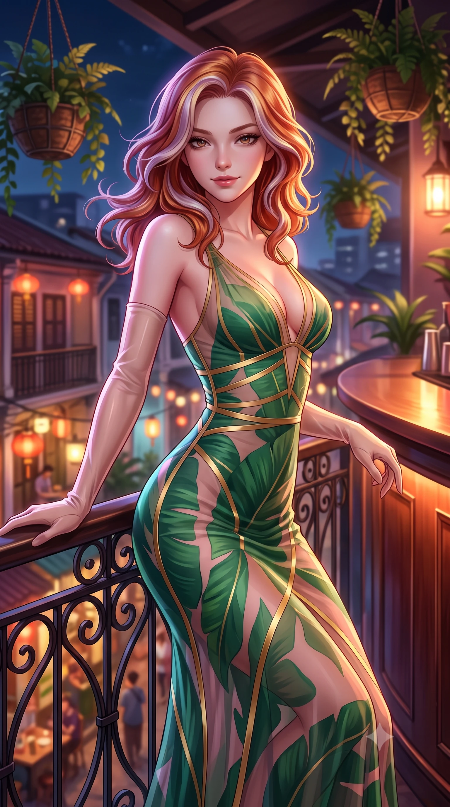 score_9, masterpiece, best quality, ultra-detailed, high-budget anime keyframe, semi-realistic 3D game render, editorial fashion photography, tasteful artistic composition, Caucasian woman. close-up cowboy shot from the waist and thighs up, the character dominates the composition, filling the frame with her large presence. turning slowly with an enchanting smoldering smile, her glossy hair tossing in the breeze as her hips angle gracefully in a captivating contrapposto while leaning against the vintage wrought-iron balcony railing with hips cocked back, looking down at bustling lantern-lit alleys with smoldering bedroom-eyes. The background shows a soft-focus hanging tropical plant baskets softened in trendy Singapore rooftop bar shallow focus. She has an exceptionally elegant, slender, and willowy female figure with an ultra-slim waist, flat toned midriff, narrow ribcage, and sculpted feminine hips creating an alluring, slim hourglass silhouette without bulk. sharp v-shaped jawline, high-bridge nose, intricate jewel-like sparkling eyes with depth, thick eyelashes, glossy parted lips with a natural peach sheen, bright cheerful beaming smile with an enchanting and coquettish sensual glint, exuding both youthful cute charm and seductive allure, flawlessly proportioned anatomical accuracy, strict slender model proportions, natural body alignment, perfectly sculpted long slender limbs, ultra-slim waistline, clean dynamic posture without body distortion. wearing a plunge-front sheer illusion tulle slip dress with liquid gold ribbon stripes hugging her curves in Beverly Hills vintage banana-leaf emerald and blush pink, made of fluid liquid jersey with seamless sculpting hold and smooth contours, complemented by sheer opera-length evening gloves tracing her slender arms, the impeccably tailored cut draping gracefully along her slender figure with aristocratic poise. illuminated by bar counter reflection fill and sharp rose-gold rim lights defining her razor-sharp jawline, narrow waist, and curvy hips. highly saturated vibrant anime colors, detailed shading with soft gradients, rich glossy textures, high-contrast stereoscopic depth, volumetric dynamic lighting, master piece, 9:16 ratio