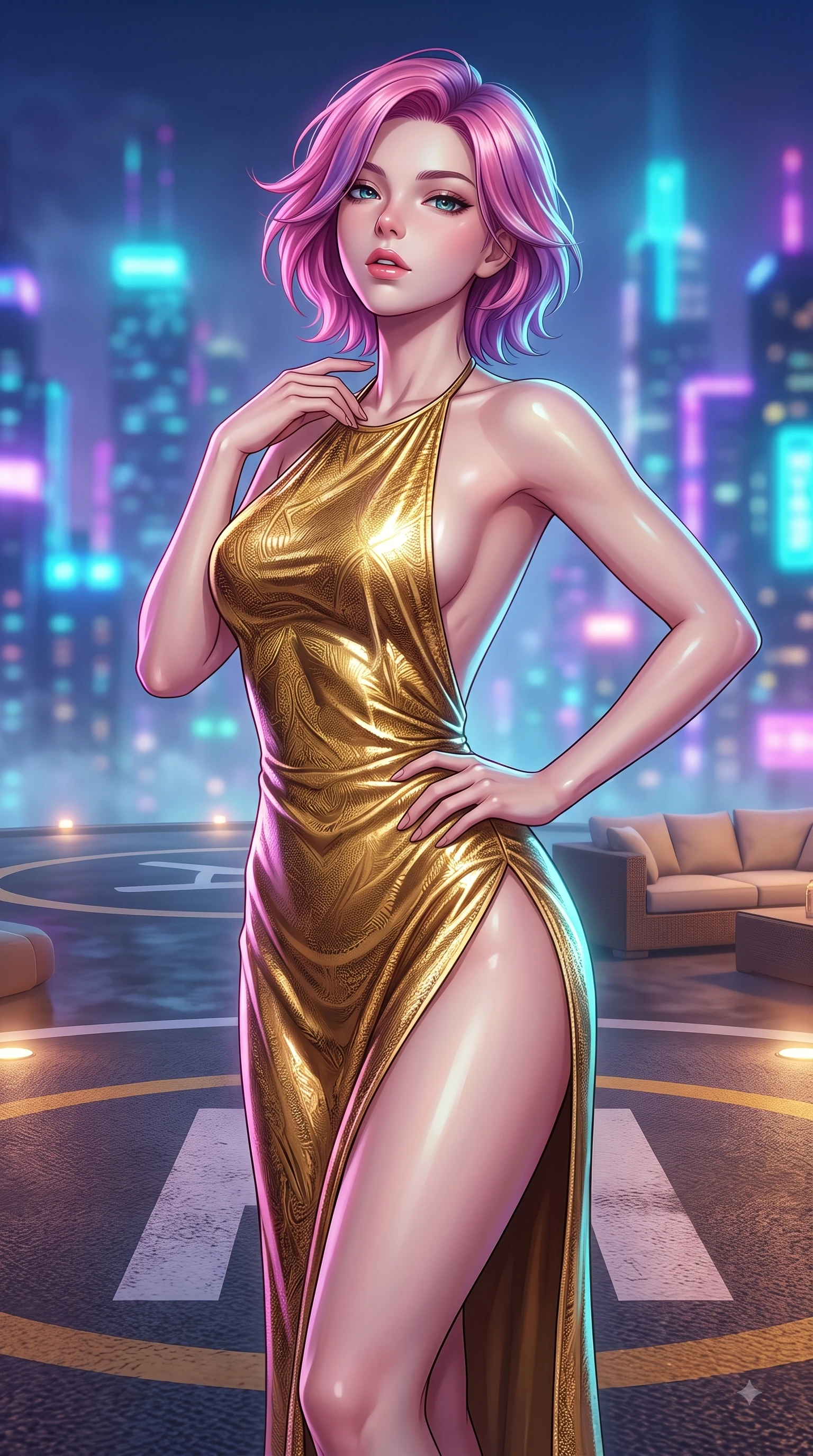 score_9, masterpiece, best quality, ultra-detailed, high-budget anime keyframe, editorial fashion photography, tasteful artistic composition, Caucasian woman woman. close-up cowboy shot from the waist and thighs up, the character dominates the composition, filling the frame with her large presence, background elements kept in soft focus. She has an exceptionally elegant, slender, and willowy female figure with an ultra-slim waist, a gracefully sculpted slender torso, and a refined silhouette. tilting her chin up slightly with lips parted in a composed and alluring expression, flawlessly proportioned anatomical accuracy, natural body alignment, perfectly sculpted elegant limbs, clean dynamic posture without body distortion. set against a soft-focus background of a penthouse helipad lounge overlooking a misty neon skyline. wearing a backless metallic gold halter gown with a daring high side slit to mid-thigh. bathed in vibrant city skyline night lights casting sleek specular reflections. highly saturated vibrant anime colors, detailed shading with soft gradients, rich glossy textures, high-contrast stereoscopic depth, volumetric dynamic lighting, master piece, 9:16 ratio