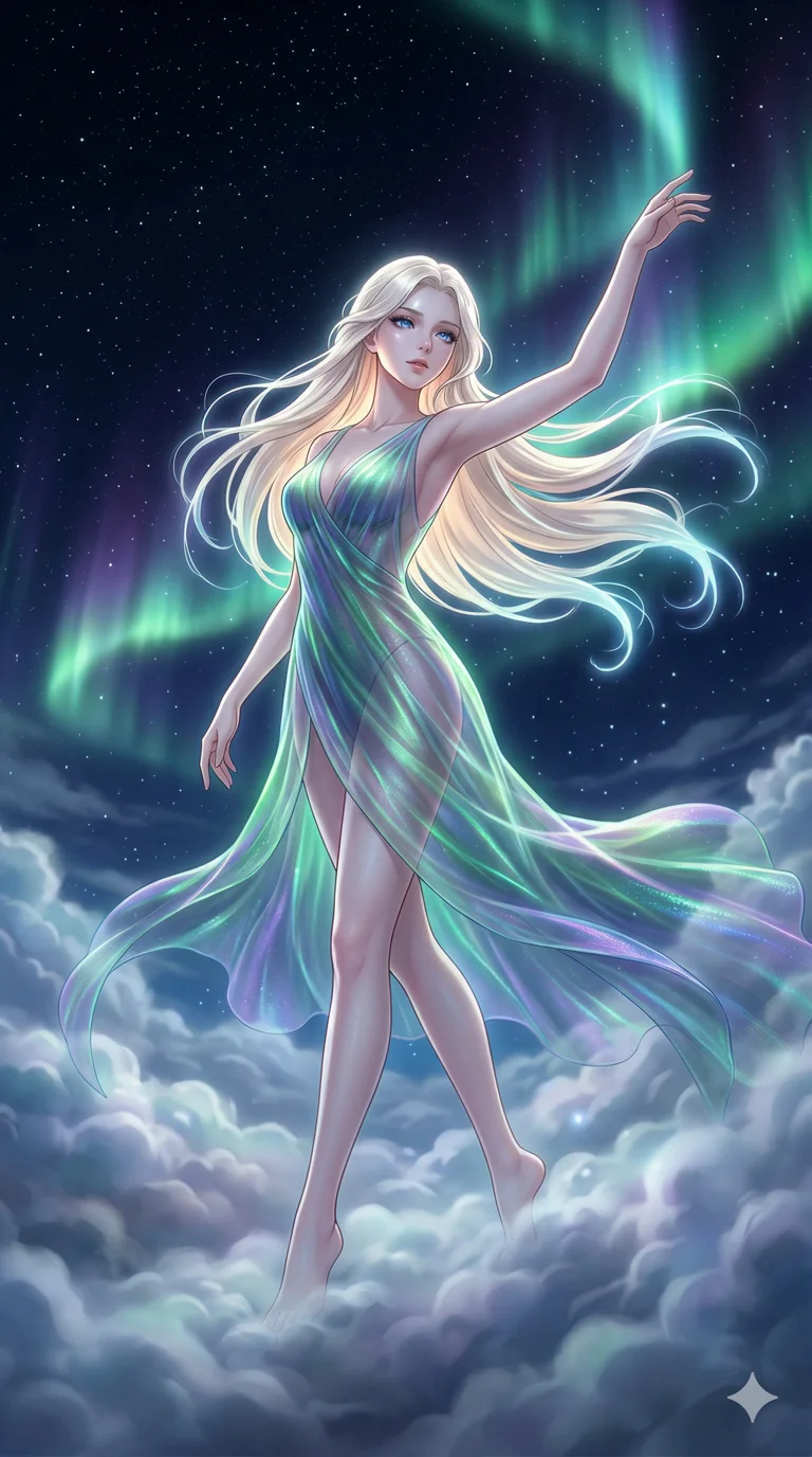 score_9, masterpiece, best quality, ultra-detailed, semi-realistic high-budget anime keyframe, an incredibly beautiful ethereal Caucasian woman with flawless pale skin (strictly human ears). Dynamic full-body shot stretching vertically. She is a goddess of the aurora dancing on the clouds. She has an absolutely perfect 8-heads proportion, a towering female figure with long slender legs and a delicate skinny body. Her face is a masterpiece with platinum blonde hair and sapphire eyes. She is wearing a sheer fabric gown glowing with aurora light, highlighting her alluring silhouette. Starry night sky and volumetric fog, radiant glowing skin, dramatic rim lighting, 2k, ultra detail, master piece, 9:16 ratio