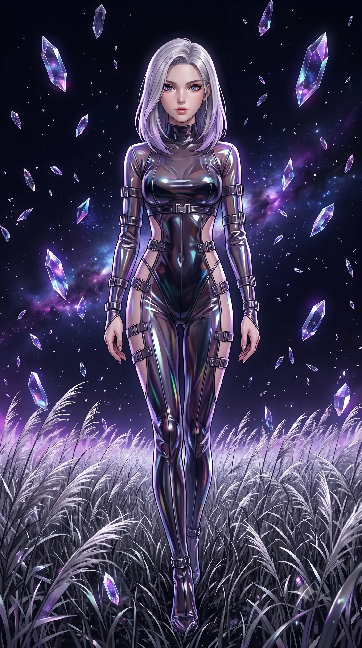 score_9, masterpiece, best quality, ultra-detailed, High-budget Anime Keyframe, Caucasian woman, strictly human ears. Dynamic full-body shot stretching the vertical silhouette to the limit. Scenario 391: walking through a field of tall silver grass at a dark void filled with floating crystal shards reflecting purple nebulae. Her presence is magnetic and overpowering in this high-budget anime scene. Outfit 391: a tailored translucent PVC liquid with a strategic side cut-outs and metallic buckles. The clothing is designed to emphasize her exceptionally tall and slender 8-heads proportion. 8-heads proportion, towering silhouette, ultra-slim waist. sharp v-shaped jawline, intricate jewel-like eyes with depth, thick eyelashes, glossy lips. 2k, ultra detail, master piece, 9:16 ratio