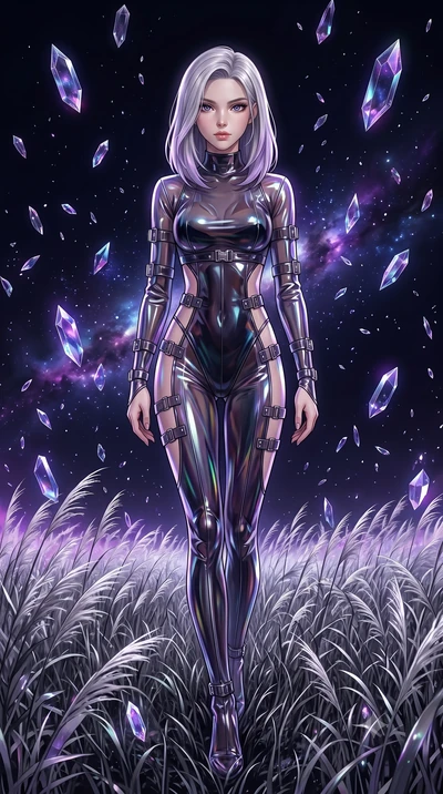 score_9, masterpiece, best quality, ultra-detailed, High-budget Anime Keyframe, Caucasian woman, strictly human ears. Dynamic full-body shot stretching the vertical silhouette to the limit. Scenario 391: walking through a field of tall silver grass a