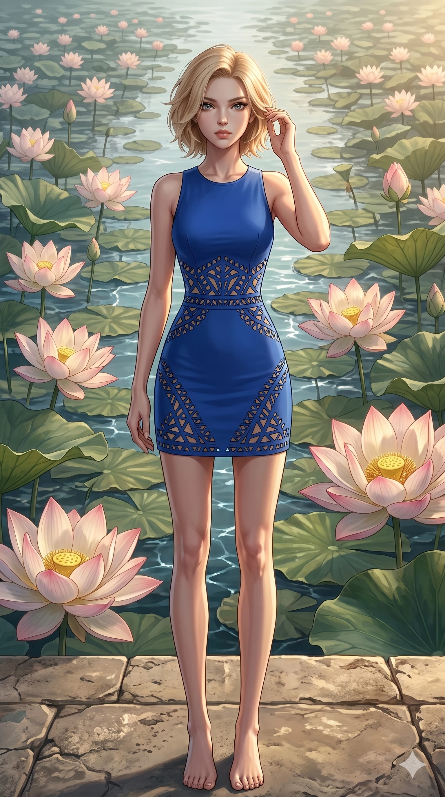 score_9, masterpiece, best quality, ultra-detailed, high-budget anime keyframe, editorial fashion photography, tasteful artistic composition, Caucasian woman, strictly human ears. cowboy shot from the thighs up, character and outfit filling the frame for maximum editorial presence. Lifting one hand to gently tuck hair behind her ear mid-frame atop a stone terrace overlooking an endless sea of giant floating lotus flowers. She has an absolutely perfect 8-heads proportion, an exceptionally tall and slender female figure with impossibly long slender legs and an ultra-slim waist. V-shaped jawline, high-bridge nose, intricate jewel-like eyes with depth, thick eyelashes, glossy lips with a natural sheen. wearing a cobalt blue structured mini dress featuring intricate laser-cut geometric patterns along the waist and hem, lined with nude-toned fabric. lit by dramatic chiaroscuro with a single golden key light carving her facial contours and figure. 2k, ultra detail, master piece, 9:16 ratio