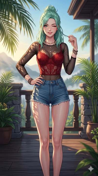 score_9, masterpiece, best quality, ultra-detailed, high-budget anime keyframe, vibrant anime aesthetic, Japanese woman. cowboy shot from the thighs up, character and outfit filling the frame for maximum presence. She is standing in the sun, winking 