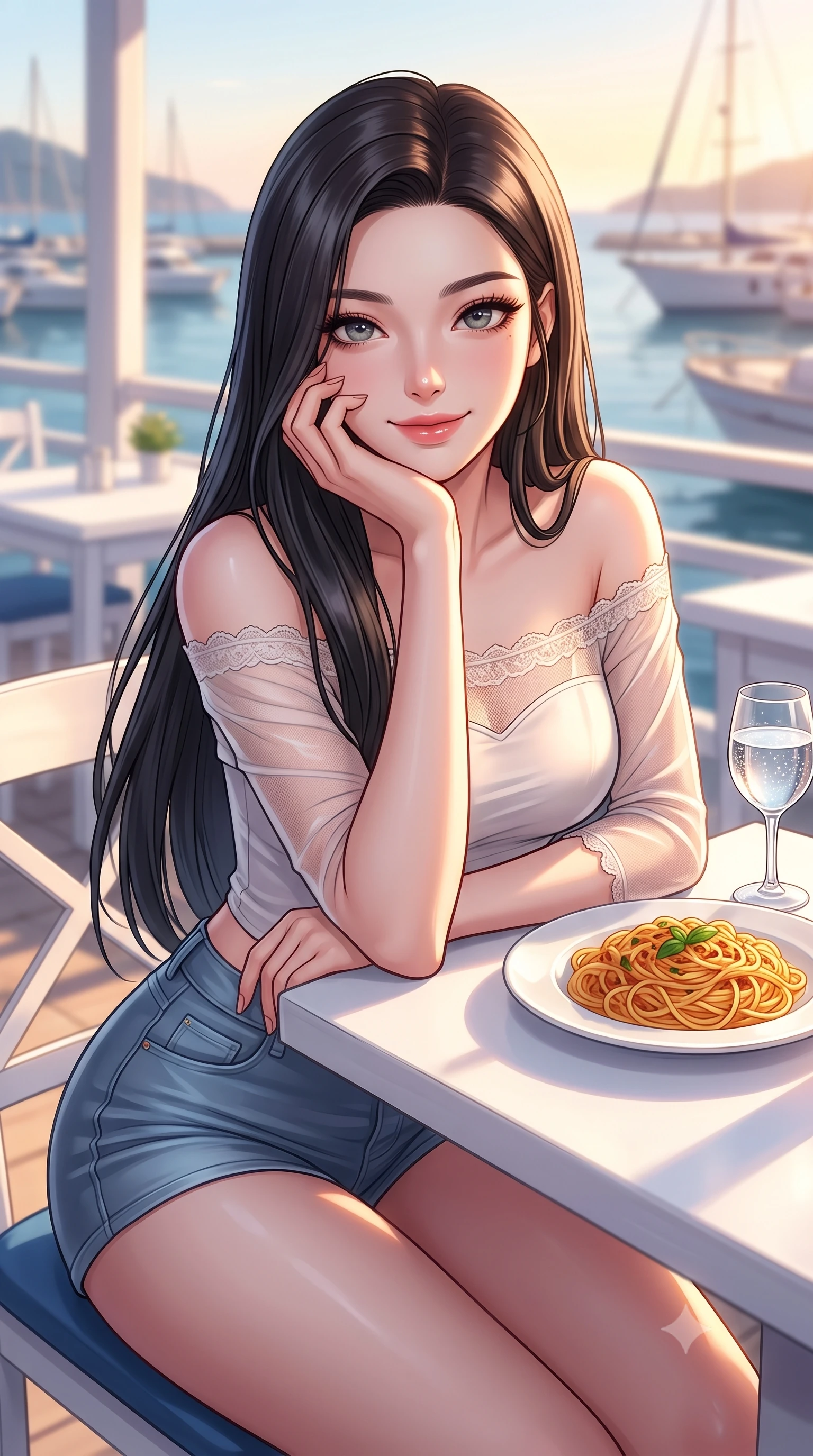 score_9, masterpiece, best quality, ultra-detailed, high-budget anime keyframe, editorial fashion photography, tasteful artistic composition, Korean woman. close-up cowboy shot from the waist and thighs up, the character dominates the composition, filling the frame with her large presence, background elements kept in soft focus. smiling cutely while resting her chin on her hand, looking directly into the lens set against a soft-focus background of at a seaside restaurant veranda with white tables and views of the harbor with a plate of delicious pasta and a glass of sparkling water on the table. She has an exceptionally elegant, slender, and willowy female figure with an ultra-slim waist, a gracefully sculpted slender torso, and a refined silhouette. sharp v-shaped jawline, high-bridge nose, intricate jewel-like eyes with depth, thick eyelashes, glossy lips with a natural sheen. wearing slim-fit delicate lace-trim off-shoulder blouse paired with a sheer mesh overlay and form-contouring mini shorts. golden hour sunset light casting long warm shadows on the restaurant table. highly saturated vibrant anime colors, detailed shading with soft gradients, rich glossy textures, high-contrast stereoscopic depth, volumetric dynamic lighting, master piece, 9:16 ratio