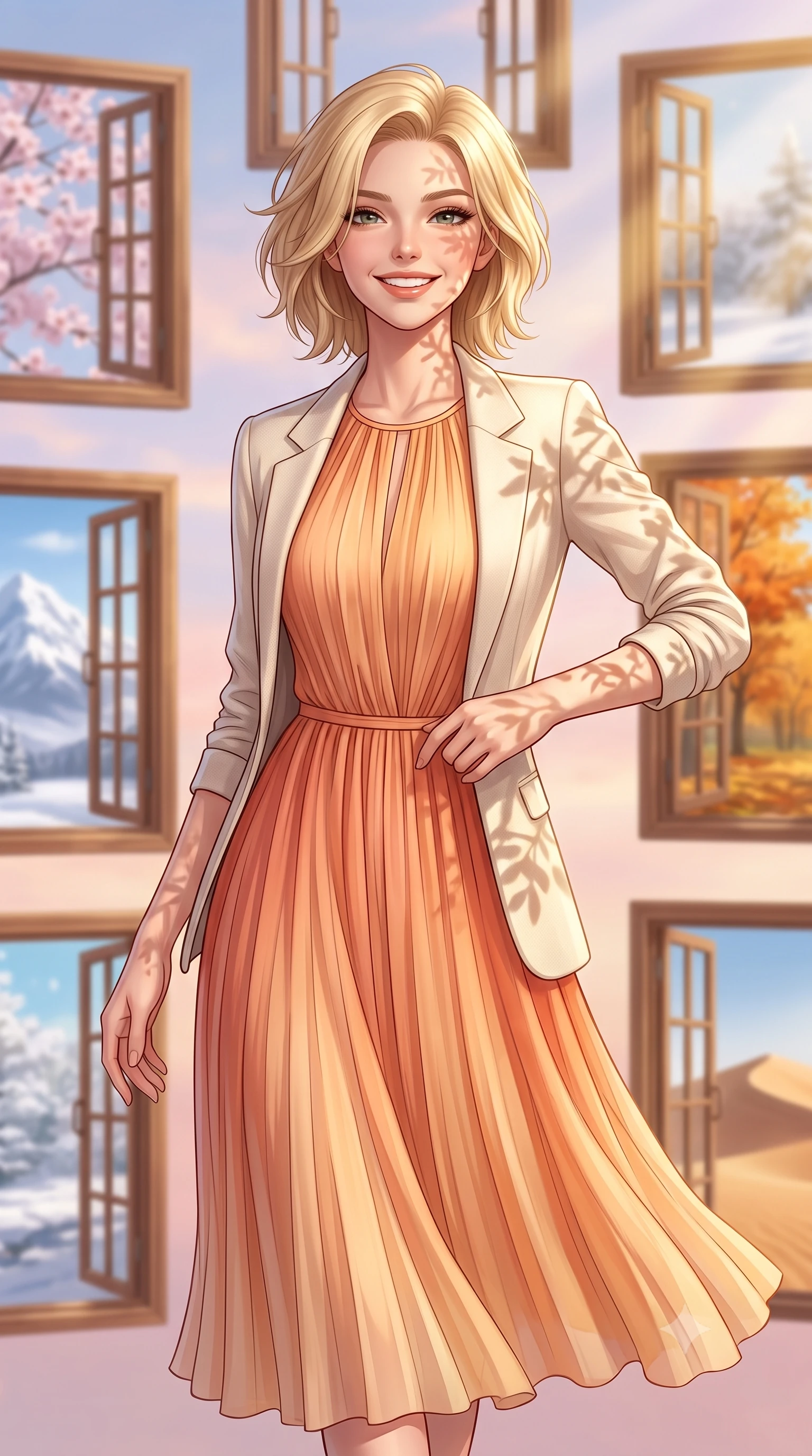 score_9, masterpiece, best quality, ultra-detailed, high-budget anime keyframe, editorial fashion photography, tasteful artistic composition, Caucasian woman, strictly human ears. close-up cowboy shot from the waist and thighs up, the character dominates the composition, filling the frame with her large presence, background elements kept in soft focus. Beaming with a wide, friendly smile that lights up her entire face. set against a soft-focus background of a gallery of ornate wooden window frames floating in a pastel dawn sky, each window opening to a view of a different season or landscape. She has an exceptionally elegant, slender, and willowy female figure with a highly-defined ultra-slim waist, a gracefully sculpted slender torso, and a refined slim-fit silhouette that contours her form. sharp v-shaped jawline, high-bridge nose, intricate jewel-like eyes with depth, thick eyelashes, glossy lips with a natural sheen. wearing a flowing pleated chiffon midi dress in a sunset apricot gradient, layered under a light ivory knit blazer. warm golden afternoon sunbeams casting soft organic leaf shadows across her skin. 2k, ultra detail, master piece, 9:16 ratio