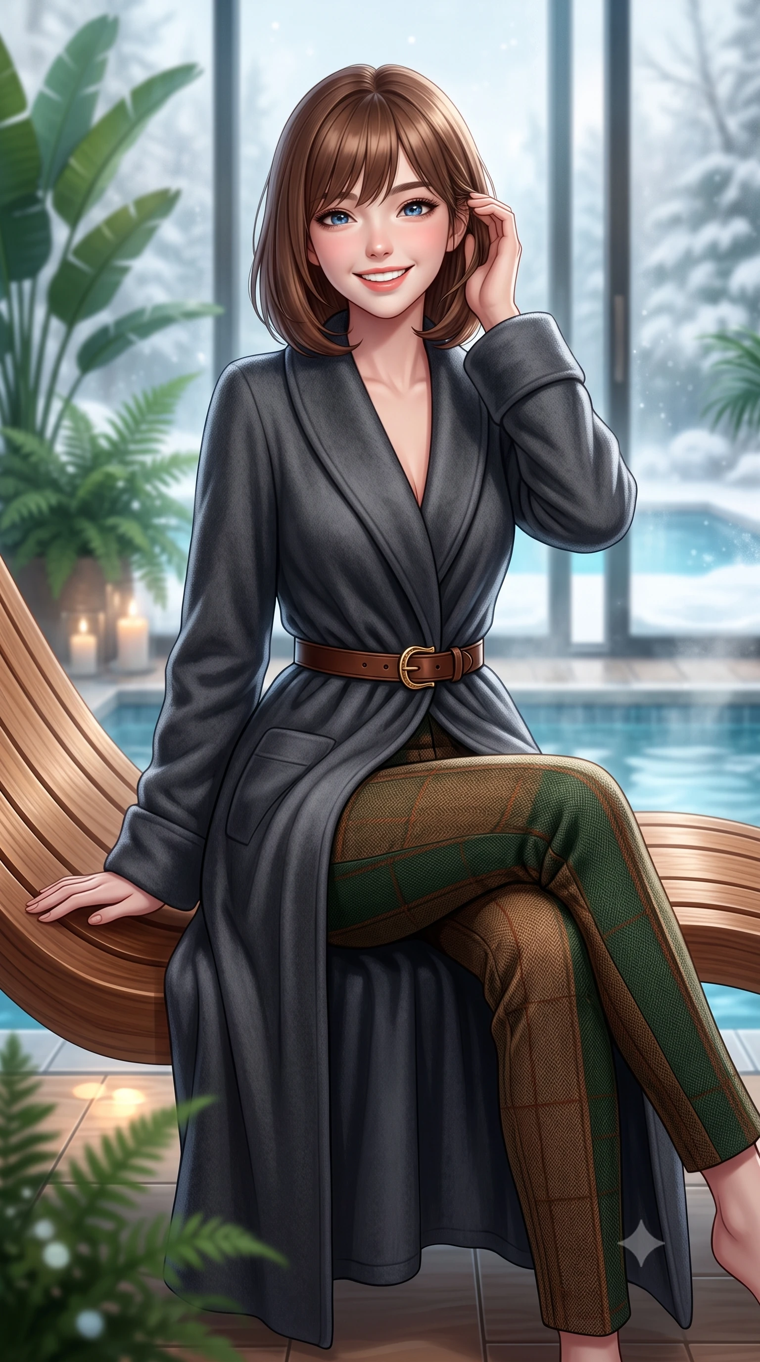 score_9, masterpiece, best quality, ultra-detailed, high-budget anime keyframe, semi-realistic 3D game render, editorial fashion photography, tasteful artistic composition, Caucasian woman. close-up cowboy shot from the waist and thighs up, the character dominates the composition, filling the frame with her large presence. gently brushing a lock of hair behind her ear with one hand while flashing a radiant, joyful smile while sitting gracefully on an ergonomic teak chaise lounge beside the thermal relaxation pool, wrapped in a plush cashmere robe coat with quiet luxury. The background shows a soft-focus steaming outdoor snow pools seen through glass, lush indoor banana palms and ferns, and soft candlelight blurred into jade, azure, and vaporous white bokeh. She has an exceptionally elegant, slender, and willowy female figure with an ultra-slim waist, flat toned midriff, narrow ribcage, and sculpted feminine hips creating an alluring, slim hourglass silhouette without bulk. sharp v-shaped jawline, high-bridge nose, intricate jewel-like sparkling eyes with depth, thick eyelashes, glossy parted lips with a natural peach sheen, bright cheerful beaming smile with an enchanting and coquettish sensual glint, exuding both youthful cute charm and seductive allure, flawlessly proportioned anatomical accuracy, strict slender model proportions, natural body alignment, perfectly sculpted long slender limbs, ultra-slim waistline, clean dynamic posture without body distortion. wearing an elegant tailored cape coat in brushed wool worn over a crisp white cotton shirt and tailored cigarette pants in heritage British racing green and warm cognac brown, tailored from heritage British Harris Tweed with rich multi-tonal yarn weave, finished with a smooth equestrian bridle-leather belt with a polished brass horseshoe buckle, the bespoke architectural tailoring hugging her natural waistline with sartorial precision, creating a clean graceful hourglass silhouette with tall model elegance. bathed in calm diffused winter daylight filtering through steamy glass panes combined with warm 2800K recessed floor lights. highly saturated vibrant anime colors, detailed shading with soft gradients, rich glossy textures, high-contrast stereoscopic depth, volumetric dynamic lighting, master piece, 9:16 ratio