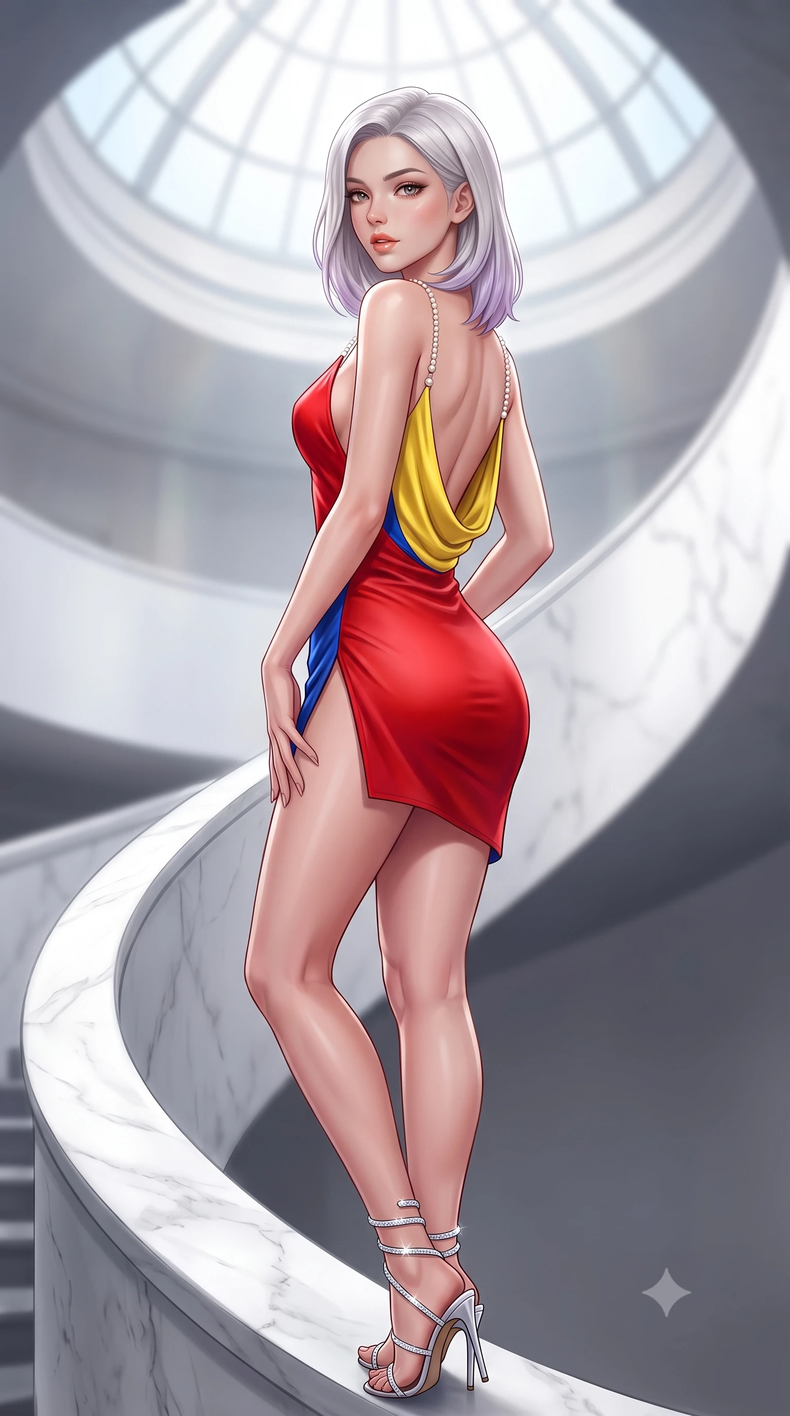 score_9, masterpiece, best quality, ultra-detailed, high-budget anime keyframe, semi-realistic 3D game render, editorial fashion photography, tasteful artistic composition, Caucasian woman. close-up cowboy shot from the waist and thighs up, the character dominates the composition, filling the frame with her large presence. posing in an alluring rear three-quarter angle, looking over a bare shoulder with parted glossy lips, her hips cocked back to highlight her slim hourglass curve while standing poised on the curving white parapet of the spiral ramp, arching her spine with effortless avant-garde dancer grace. The background shows a soft-focus soaring skylight dome softened in iconic architectural shallow focus. She has an exceptionally elegant, slender, and willowy female figure with an ultra-slim waist, flat toned midriff, narrow ribcage, and sculpted feminine hips creating an alluring, slim hourglass silhouette without bulk. sharp v-shaped jawline, high-bridge nose, sparkling eyes with hypnotic seductive depth, thick curled eyelashes, glossy parted lips with a natural dewy peach sheen, alluring bedroom-eyes with an enchanting coquettish smile, exuding magnetic siren charisma and sophisticated glamour, flawlessly proportioned anatomical accuracy, strict slender model proportions, natural body alignment, perfectly sculpted long slender limbs, ultra-slim waistline, clean dynamic posture without body distortion. wearing a low-cut draped cowl-back satin slip mini dress with dainty pearl spaghetti straps and hip-hugging silhouette in Mondrian primary red, canary yellow, and electric cobalt blue, crafted from smooth liquid-tight stretch jersey emphasizing every curve of her body, complemented by strappy stiletto sandals with crystal ankle wraps accentuating her slender calves, the high-slit wrap tailoring accentuating her ultra-slim waistline and the enchanting curve of her feminine hips with alluring seductive charm. bathed in diffused omnidirectional gallery daylight cascading down the central rotunda void. highly saturated vibrant anime colors, detailed shading with soft gradients, rich glossy textures, high-contrast stereoscopic depth, volumetric dynamic lighting, master piece, 9:16 ratio