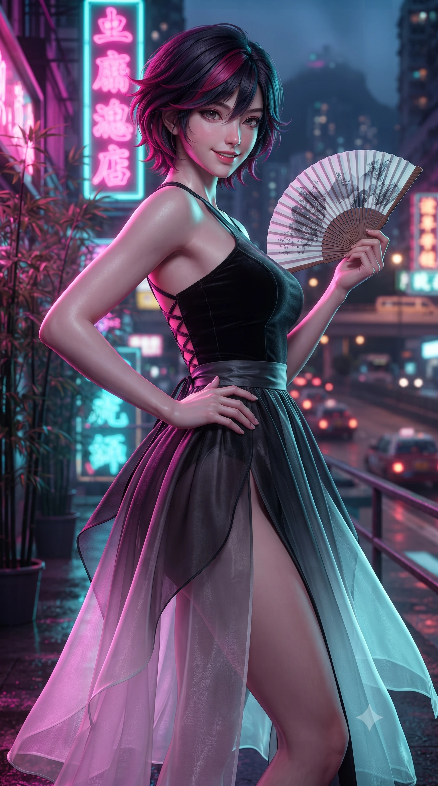score_9, masterpiece, best quality, ultra-detailed, high-budget anime keyframe, editorial fashion photography, tasteful artistic composition, Korean woman. close-up cowboy shot from the waist and thighs up, the character dominates the composition, filling the frame with her large presence. twisting her slender torso in an alluring contrapposto stance, one hand resting on her sculpted hip while holding a traditional silk folding fan with effortless poise while twisting her slender torso in an alluring contrapposto stance among potted bamboo, vertical neon signs painting her curves in electric pink and cyan. The background shows a soft-focus dizzying vertical kanji neon signs, passing elevated traffic, and mist-veiled Victoria Peak blurred into saturated magenta, cyan, and amber bokeh. She has an exceptionally elegant, slender, and willowy female figure with an ultra-slim waist, flat toned midriff, narrow ribcage, and sculpted feminine hips creating an alluring, slim hourglass silhouette without bulk. sharp v-shaped jawline, high-bridge nose, intricate jewel-like dark sparkling almond eyes with depth, thick lashes, glossy parted lips with a natural rose-plum sheen, bright alluring and coquettish smile with bedroom-eyes, exuding both timeless oriental elegance and sovereign high-fashion allure, flawlessly proportioned anatomical accuracy, strict slender model proportions, natural body alignment, perfectly sculpted long slender limbs, ultra-slim waistline, clean dynamic posture without body distortion. wearing a modern fusion hanbok dress with a structured velvet bodice and cascading sheer ombre organza skirt with front slit in stark monochrome black and white ink contrast, tailored from sheer gossamer silk organza with an airy weightless flutter, finished with criss-cross back satin laces tracing her slender spine, the precision-cut side hip slits and low-back scoop framing her graceful spine and the sensual sweep of her slim, toned hips. bathed in intense, high-contrast neon magenta and electric turquoise underlights bouncing off wet surfaces. ultra-reflective glossy finish, specular highlights, rich textural contrasts, high-contrast stereoscopic depth, volumetric dynamic lighting, 2k, ultra detail, master piece, 9:16 ratio