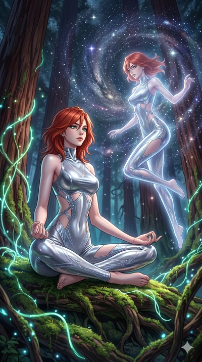 score_9, masterpiece, best quality, ultra-detailed, Set A: High-budget Anime Keyframe, Caucasian (human ears) woman. Low angle cowboy shot filling the entire 9:16 frame with her statuesque presence. Theme: Primal Nature. meditating in a giant redwood