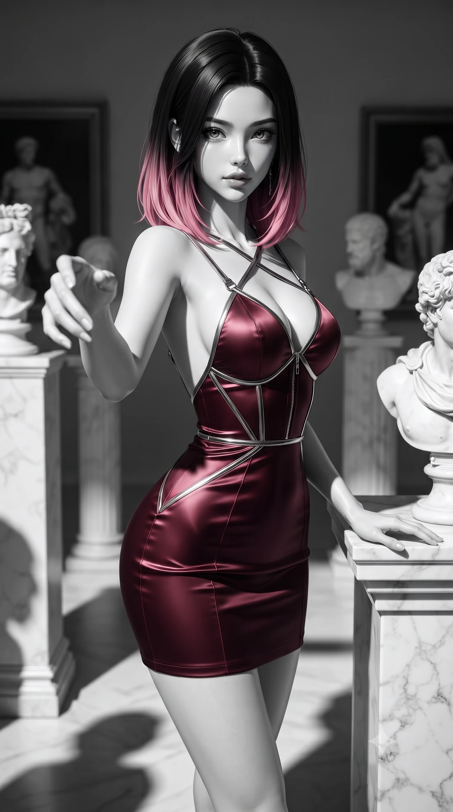 score_9, masterpiece, best quality, ultra-detailed, high-budget anime keyframe, editorial fashion photography, tasteful artistic composition, Korean woman. close-up cowboy shot from the waist and thighs up, the character dominates the composition, filling the frame with her large presence, background elements kept in soft focus. Reaching one hand toward the viewer with relaxed sensual elegance, resting against a white marble pedestal surrounded by classical art pieces, dramatic chiaroscuro lighting projecting sharp sculptural shadows on the floor. She has an exceptionally elegant, slender, and willowy female figure with an ultra-slim waist, a gracefully sculpted slender torso, and a refined silhouette. sharp v-shaped jawline, high-bridge nose, intricate jewel-like eyes with depth, thick eyelashes, glossy lips with a natural sheen. wearing dramatically scooped backless dark satin mini dress with criss-cross chrome straps in deep crimson burgundy, made of sculpted obsidian metallic chrome, finished with metallic silver boning and sleek zipper points, highlighting her statuesque proportions and ultra-slim waistline. bathed in high-contrast black-and-white chiaroscuro with sharp key rays. ultra-reflective glossy finish, specular highlights, metallic sheen, high-contrast stereoscopic depth, volumetric dynamic lighting, 2k, ultra detail, master piece, 9:16 ratio